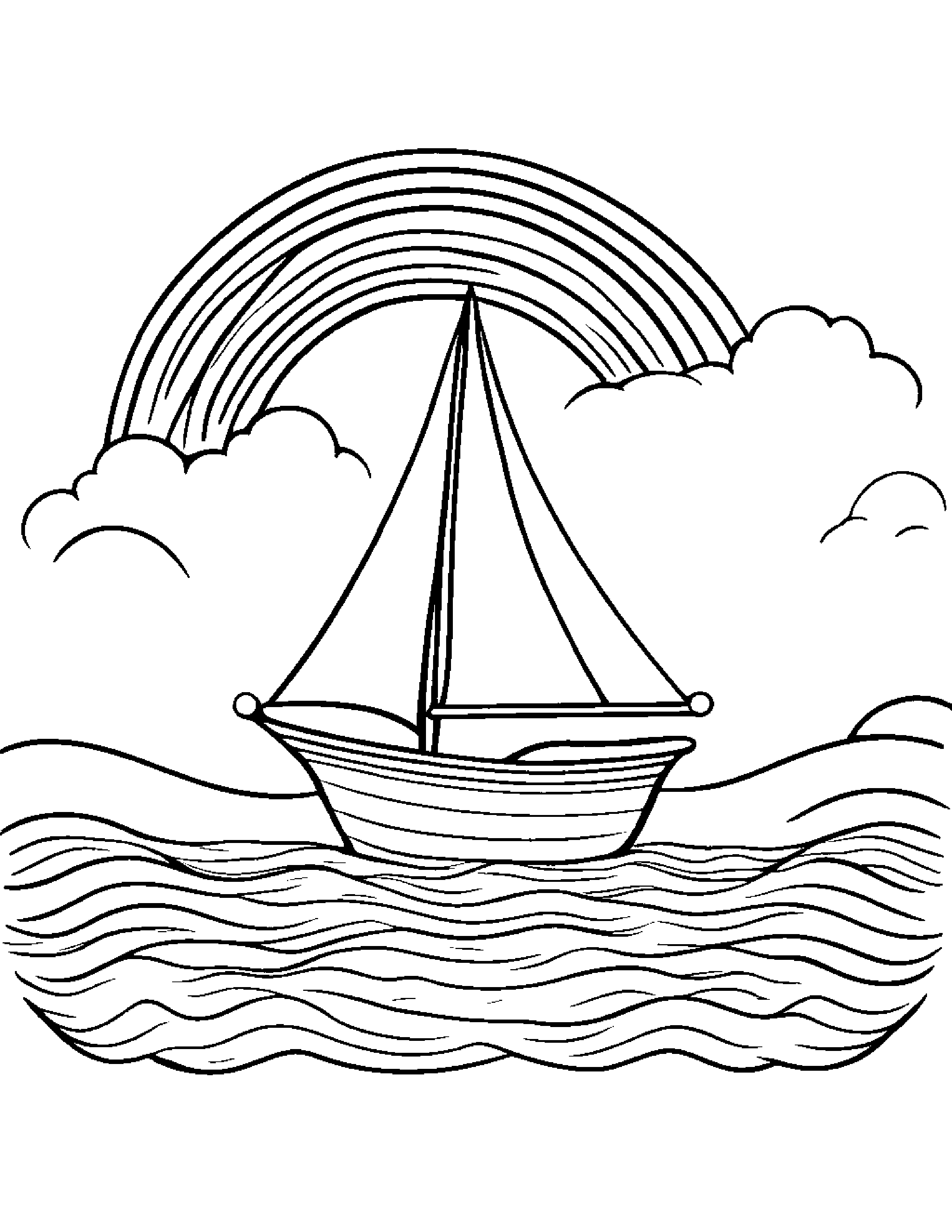 Cozy Sailboat Toy Under A Rainbow Coloring Page (Free Printable PDF)