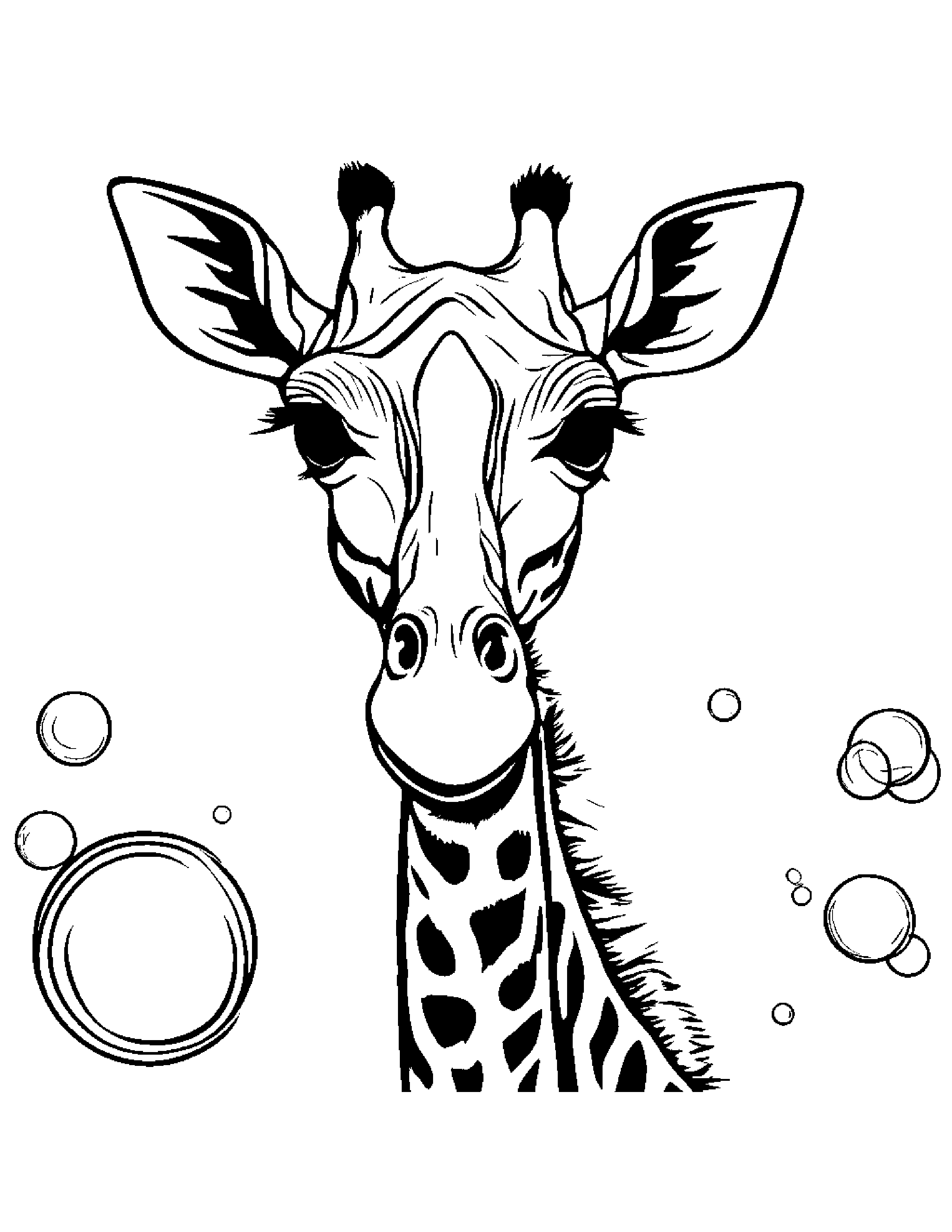 Giraffe Calf Blowing Bubbles Coloring Page (Free Printable PDF)