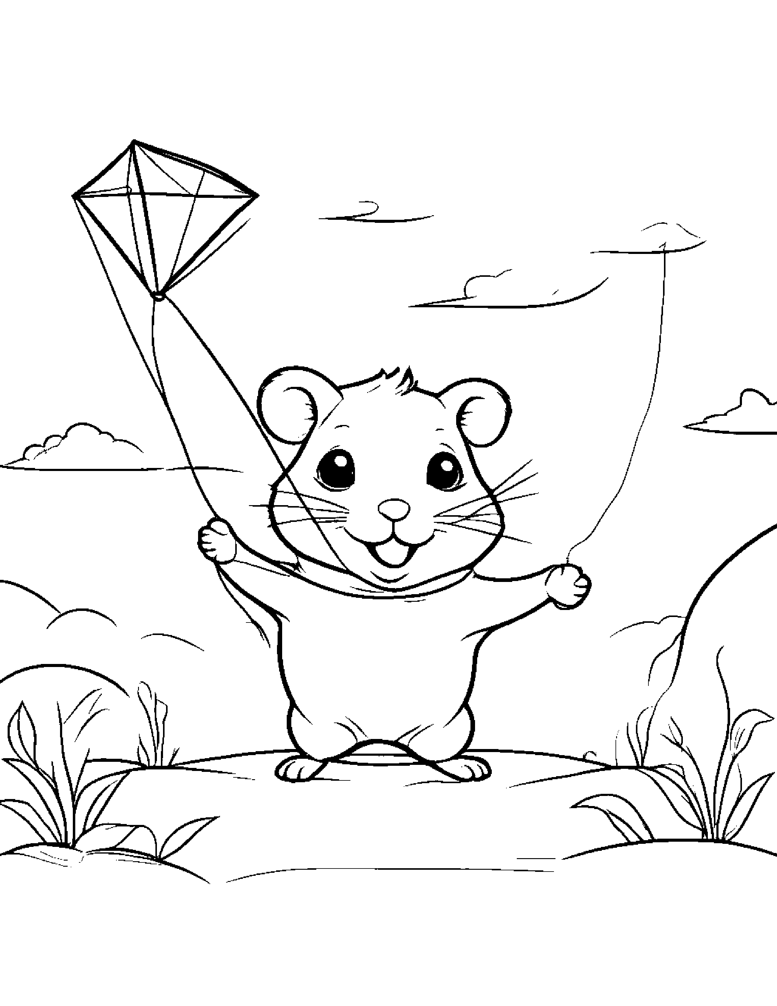 Hamster Flying A Kite Coloring Page (Free Printable PDF)