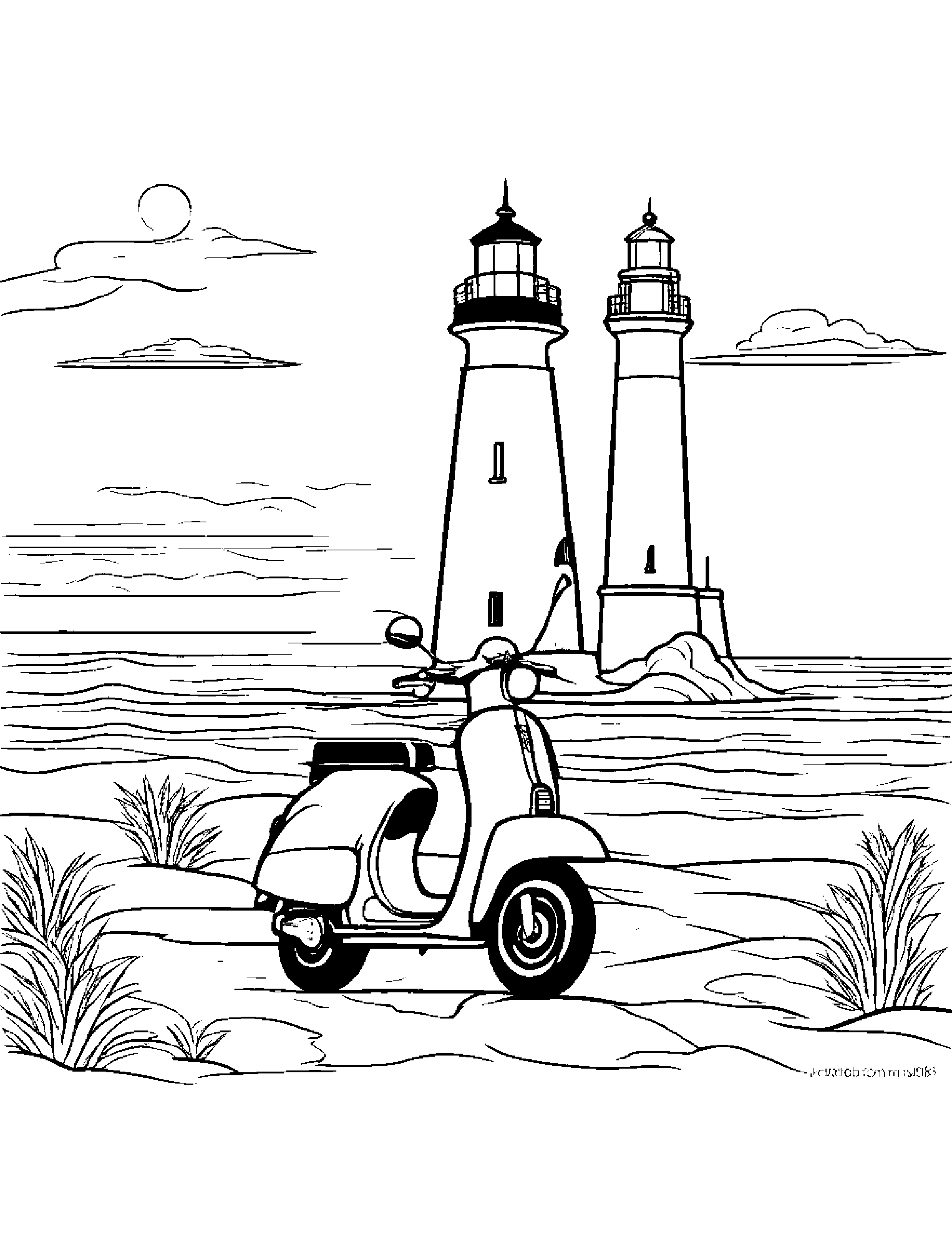 Helpful Scooter Near A Lighthouse #2 Coloring Page (Free Printable PDF)