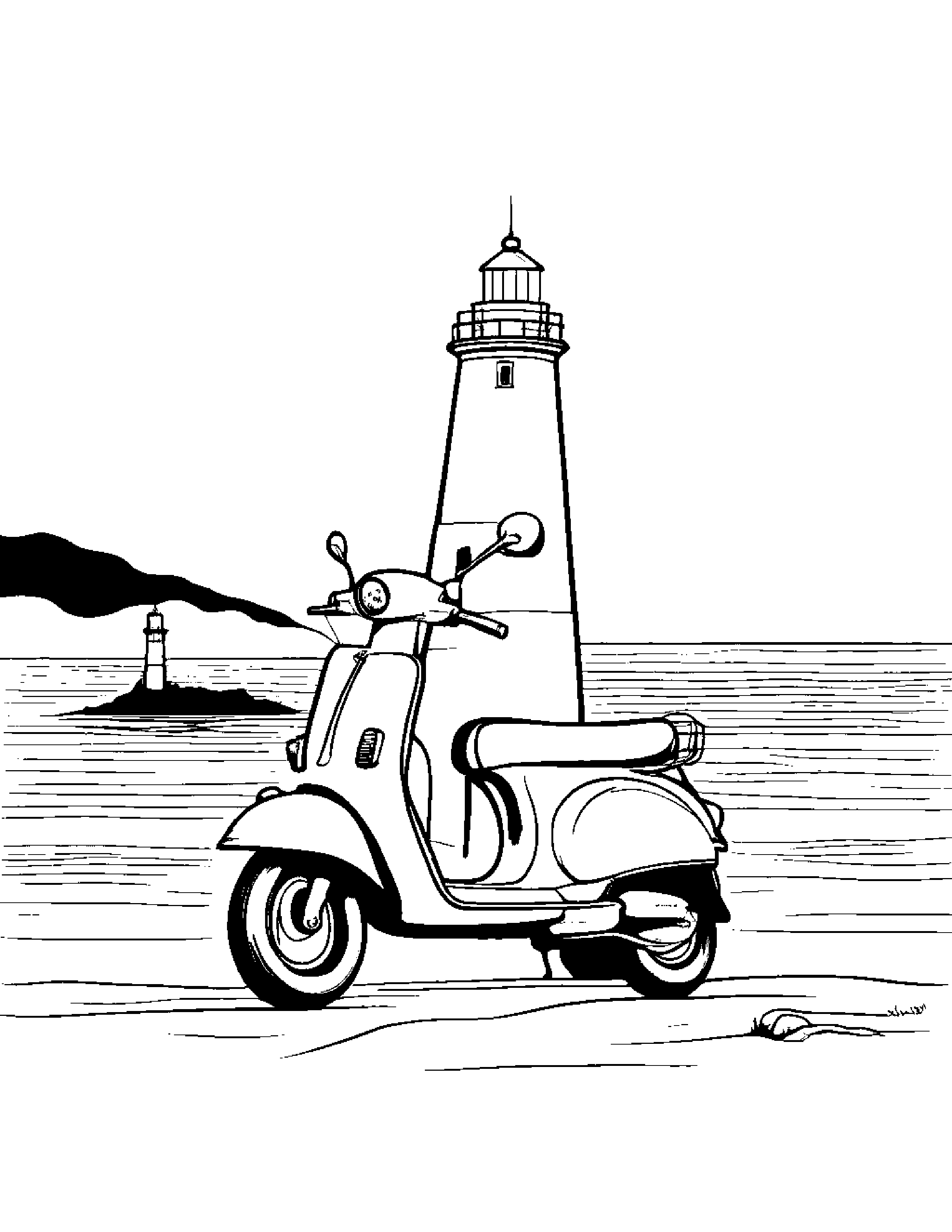 Helpful Scooter Near A Lighthouse #3 Coloring Page (Free Printable PDF)