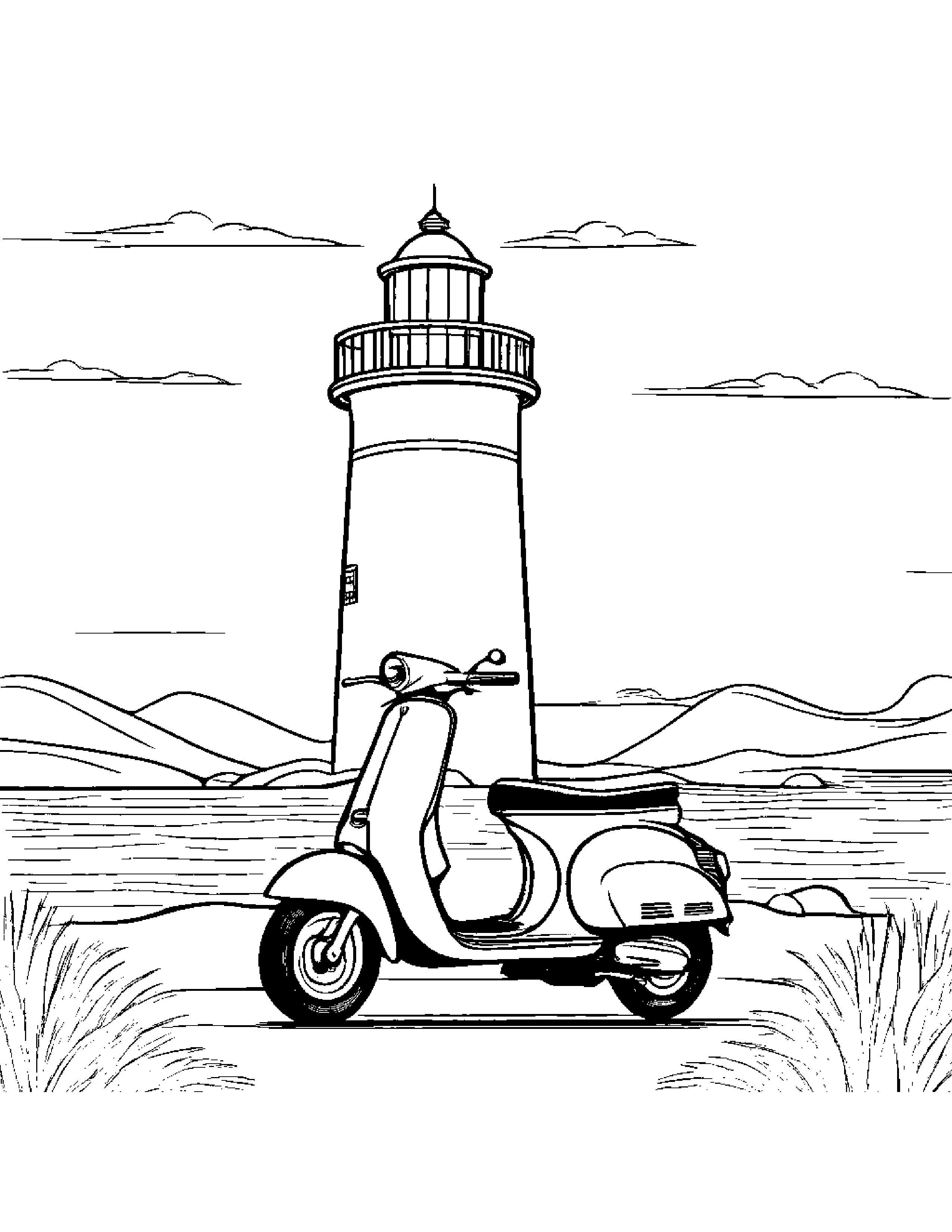 Helpful Scooter Near A Lighthouse Coloring Page (Free Printable PDF)