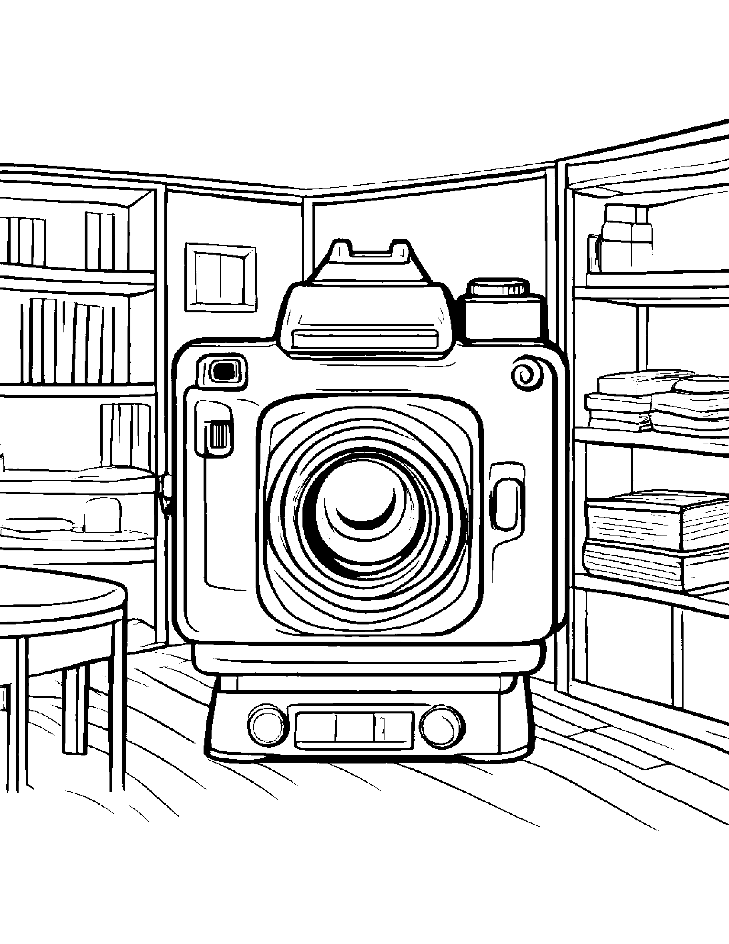 Jolly Camera Toy In A Classroom Corner Coloring Page (Free Printable PDF)