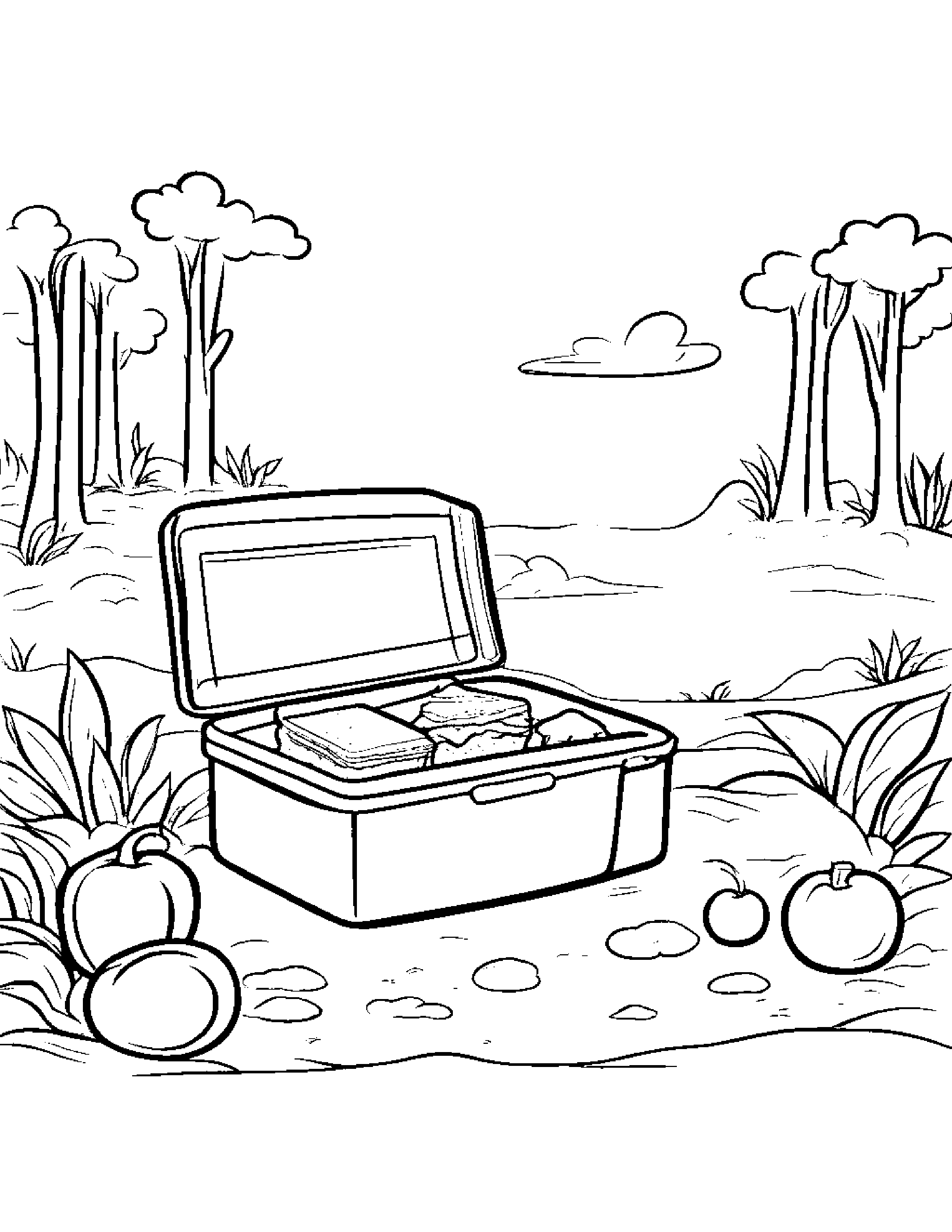 Jolly Lunchbox Beside A Sandbox Coloring Page (Free Printable PDF)