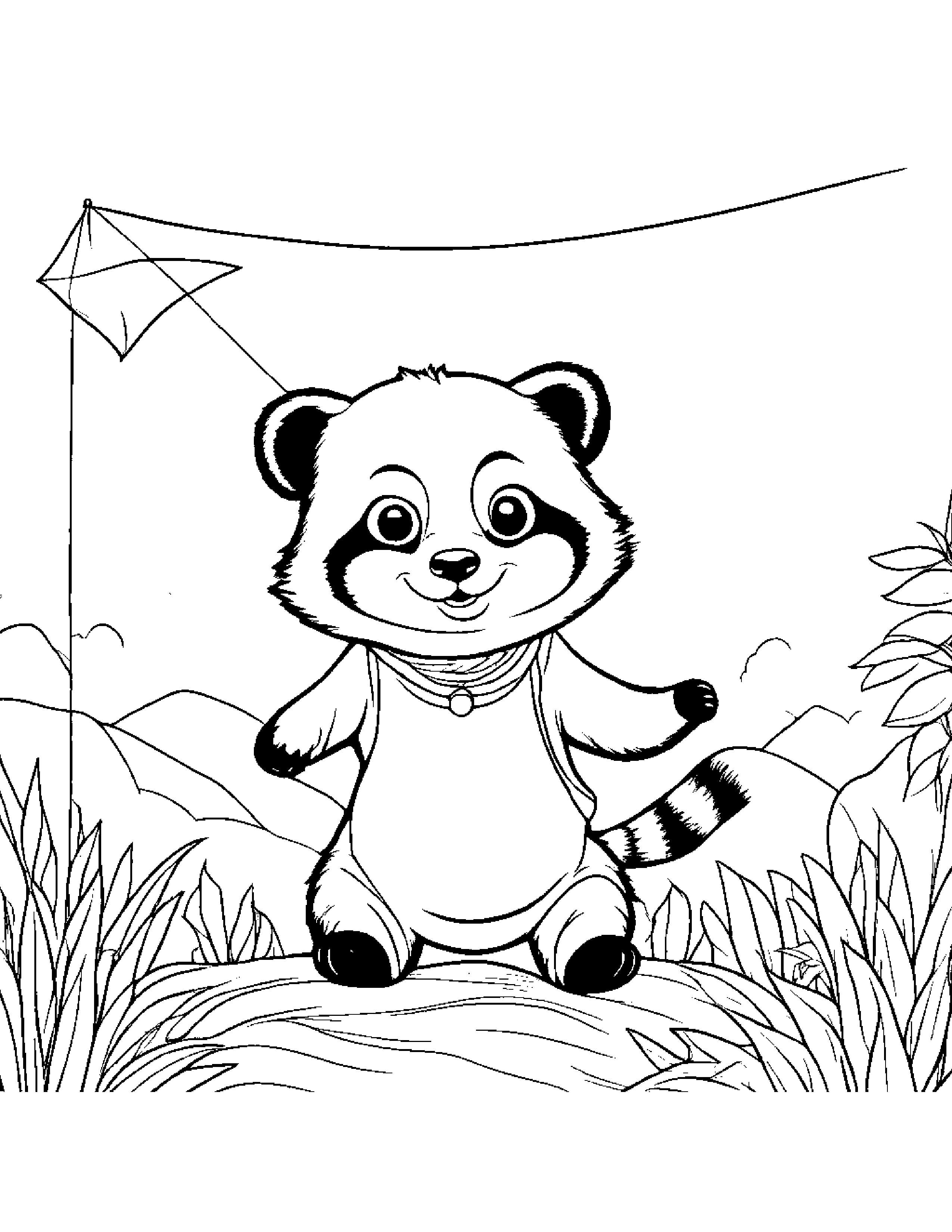 Jolly Red Panda Flying A Kite #2 Coloring Page (Free Printable PDF)