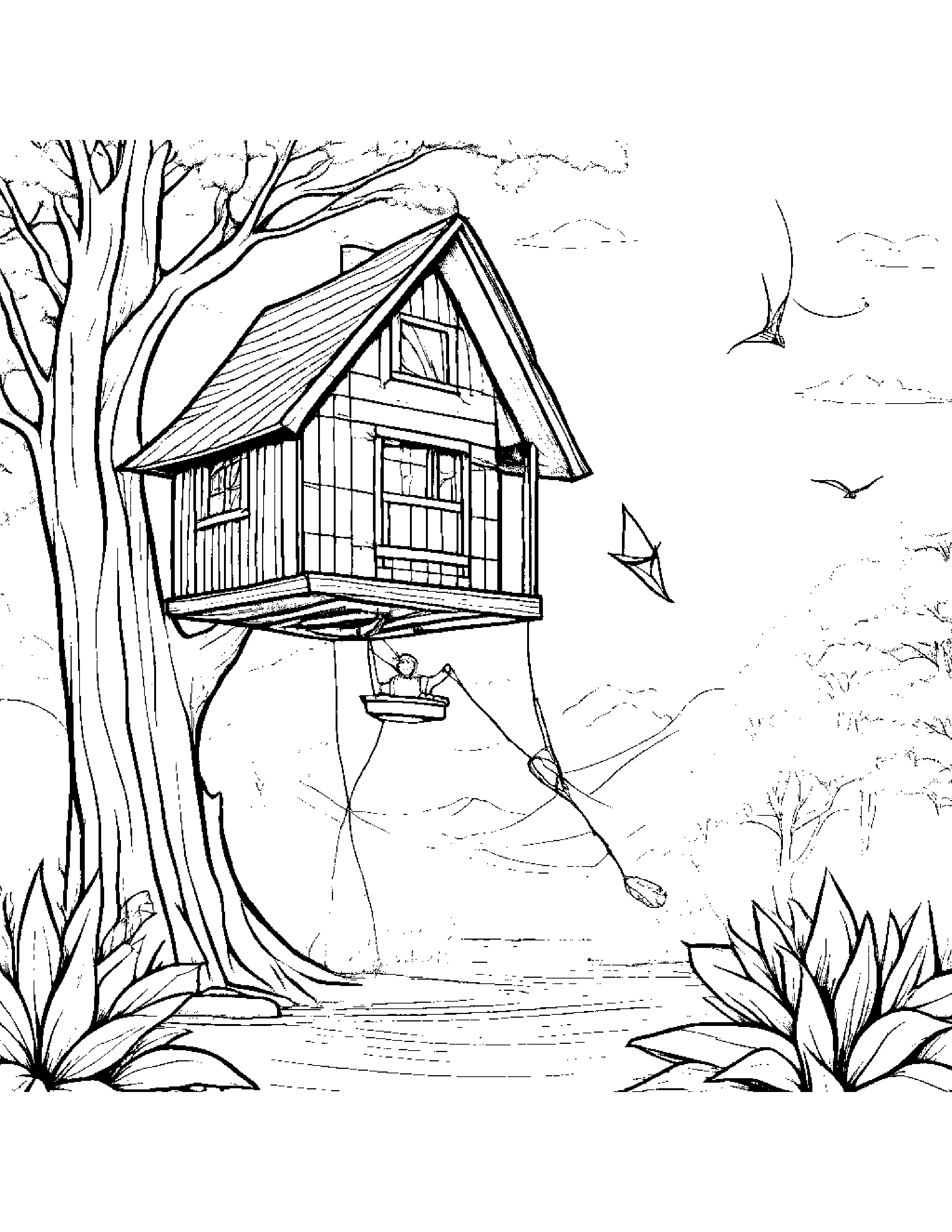 Kite Watering A Plant In A Treehouse Coloring Page (Free Printable PDF)