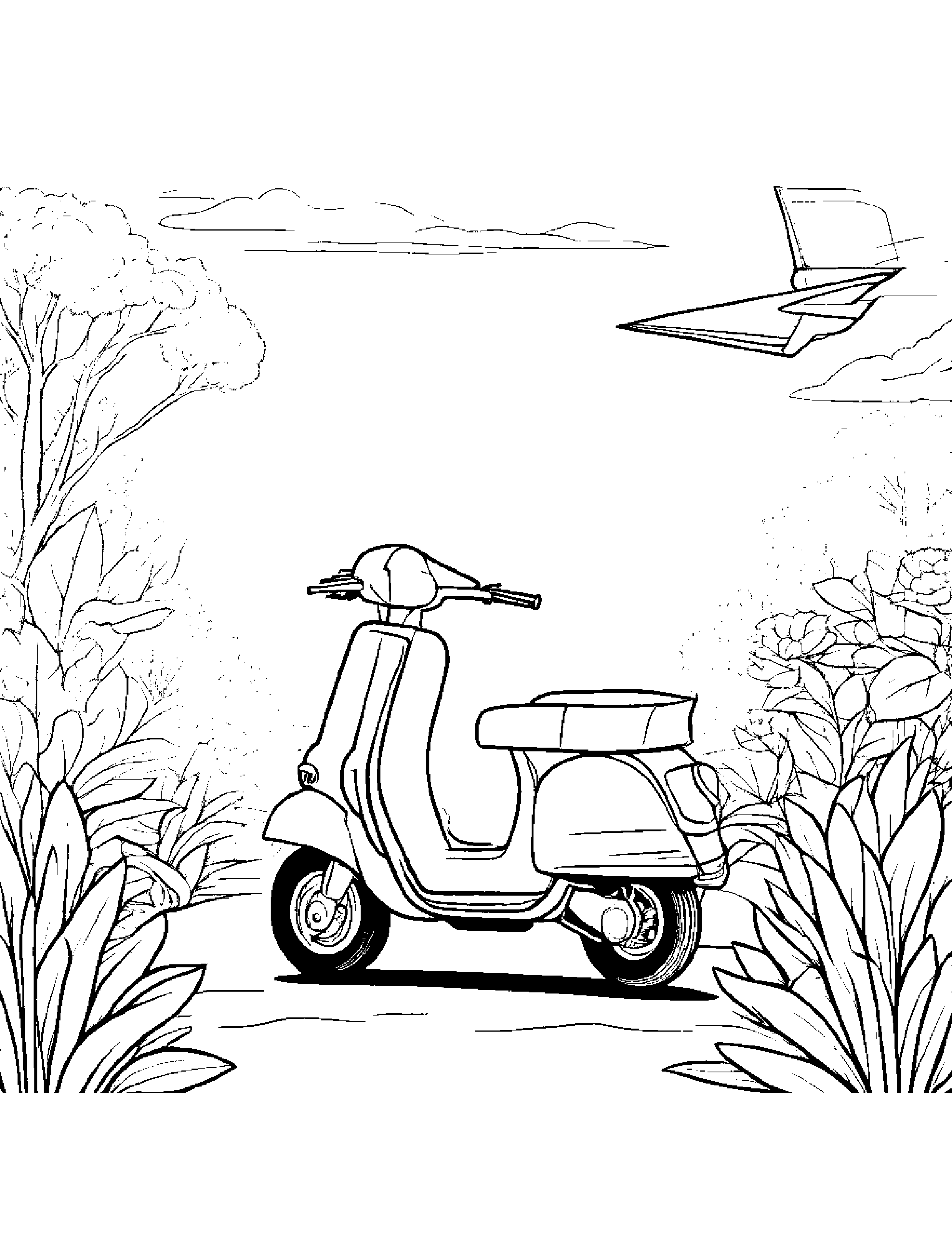Paper Airplane Riding A Scooter In A Cozy Garden #2 Coloring Page (Free Printable PDF)