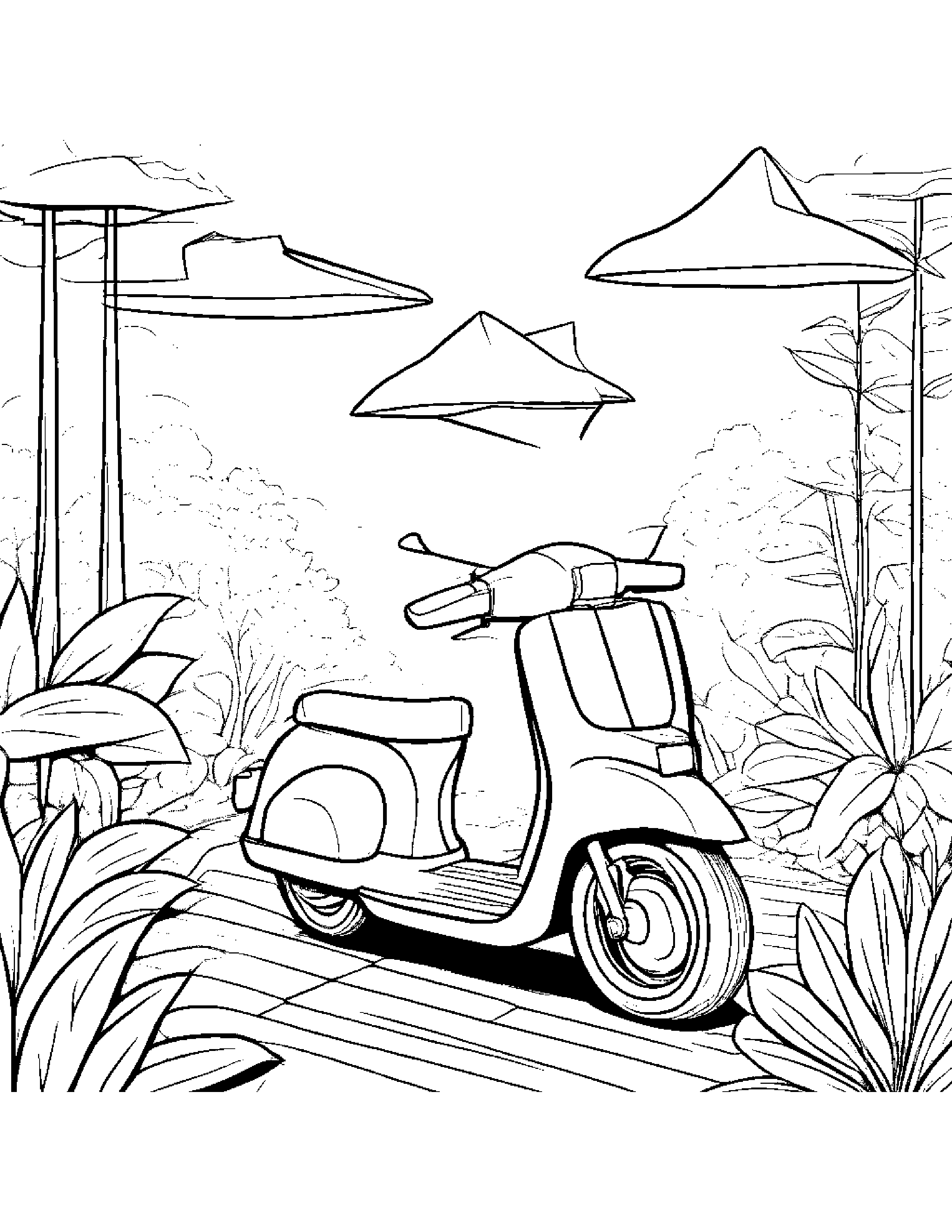 Paper Airplane Riding A Scooter In A Cozy Garden #3 Coloring Page (Free Printable PDF)