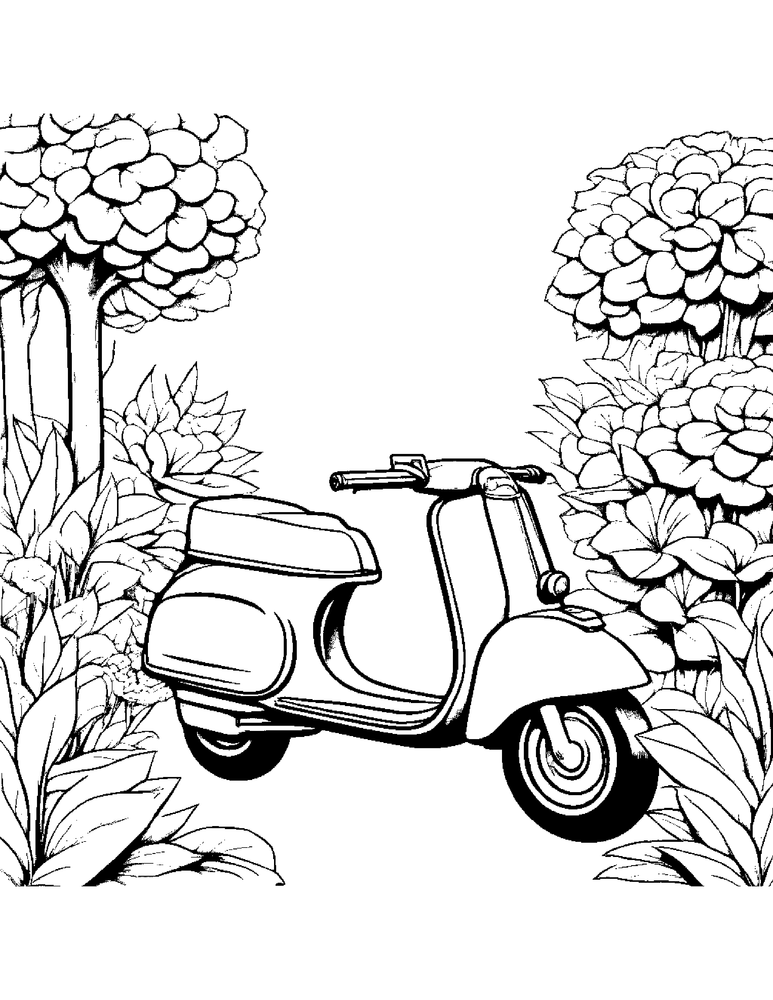 Paper Airplane Riding A Scooter In A Cozy Garden #4 Coloring Page (Free Printable PDF)