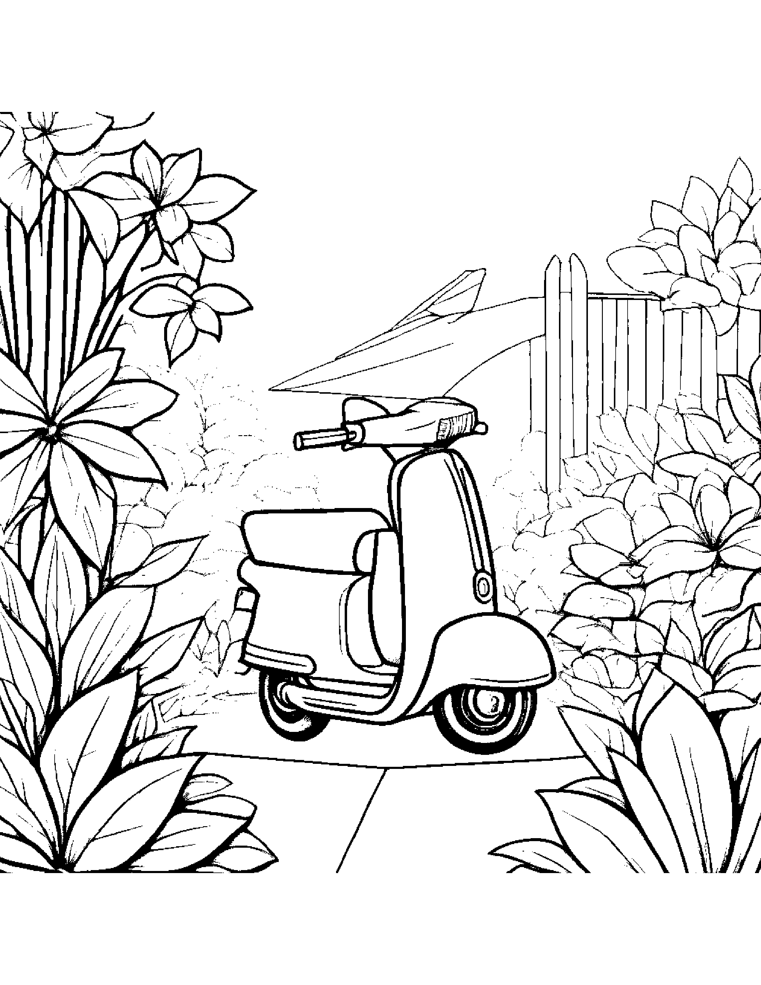 Paper Airplane Riding A Scooter In A Cozy Garden Coloring Page (Free Printable PDF)