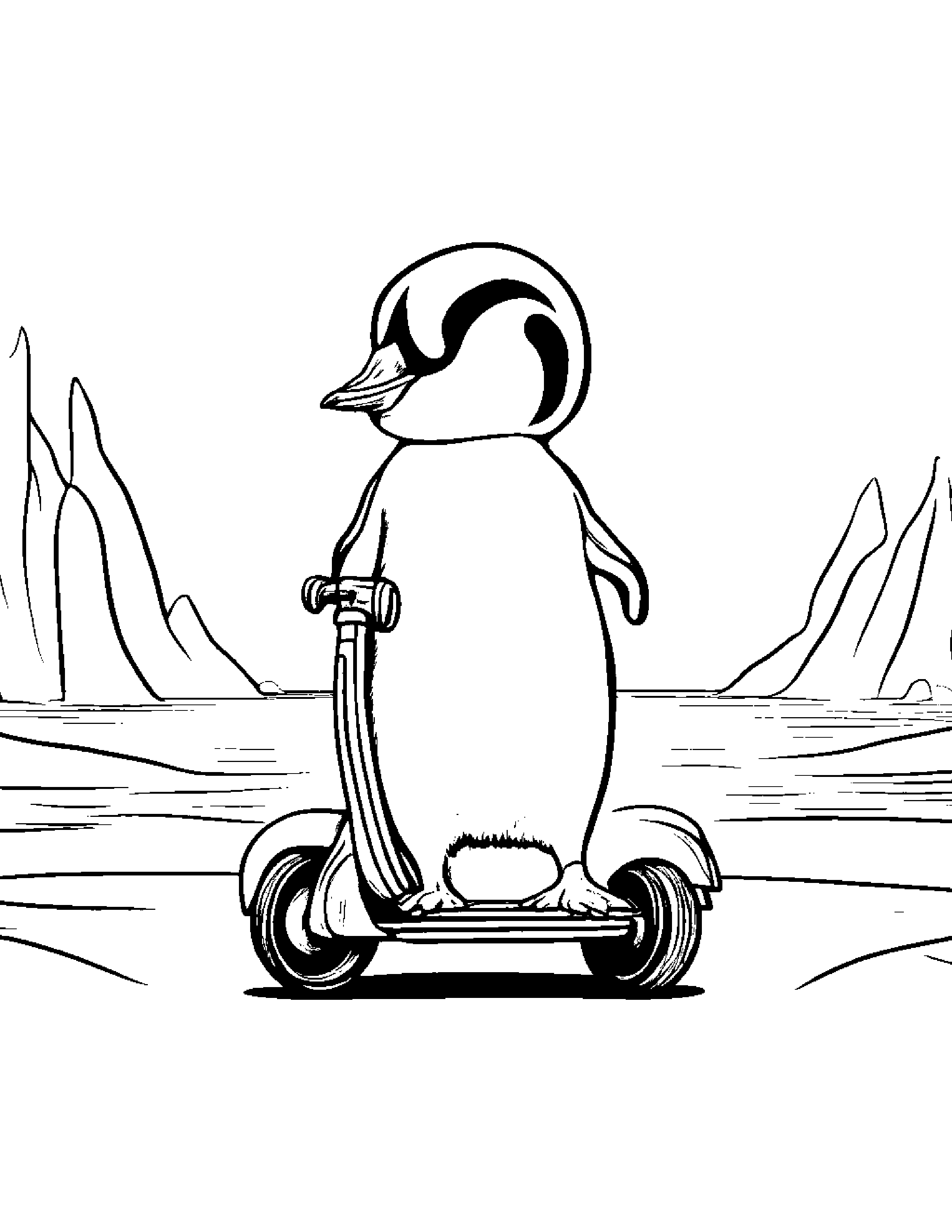 Penguin Chick Riding A Scooter Coloring Page (Free Printable PDF)