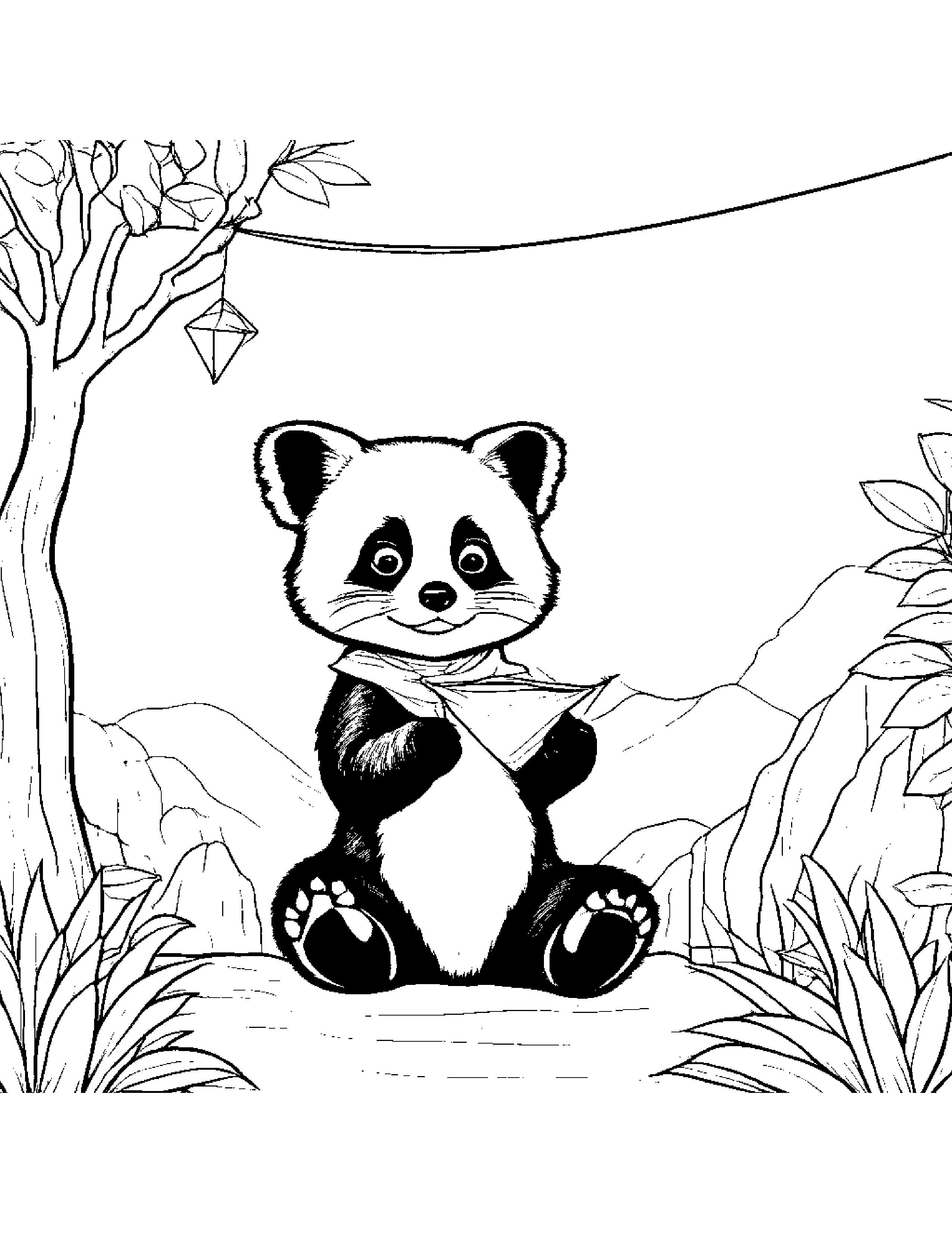Red Panda Flying A Kite By A Reading Nook #2 Coloring Page (Free Printable PDF)