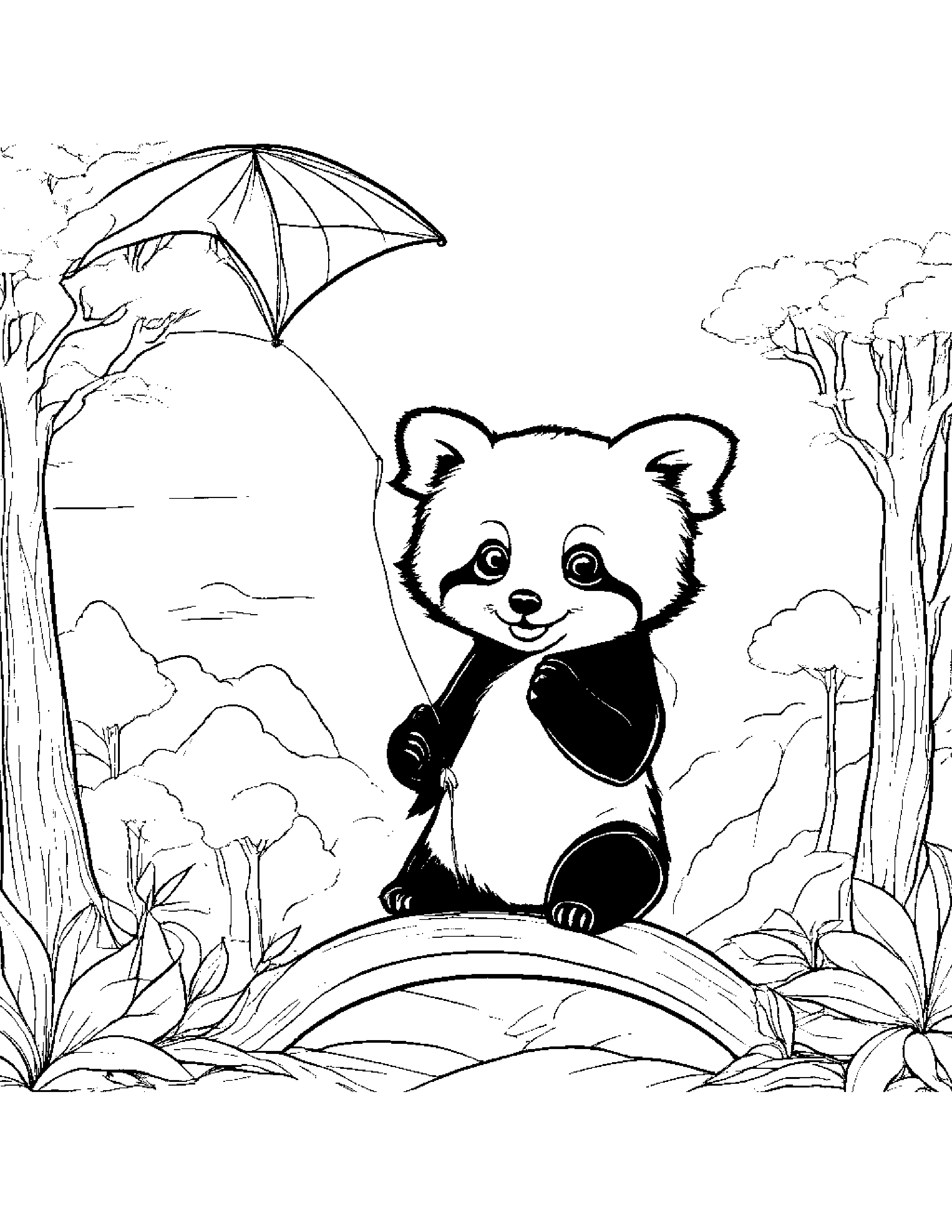 Red Panda Flying A Kite By A Reading Nook #4 Coloring Page (Free Printable PDF)
