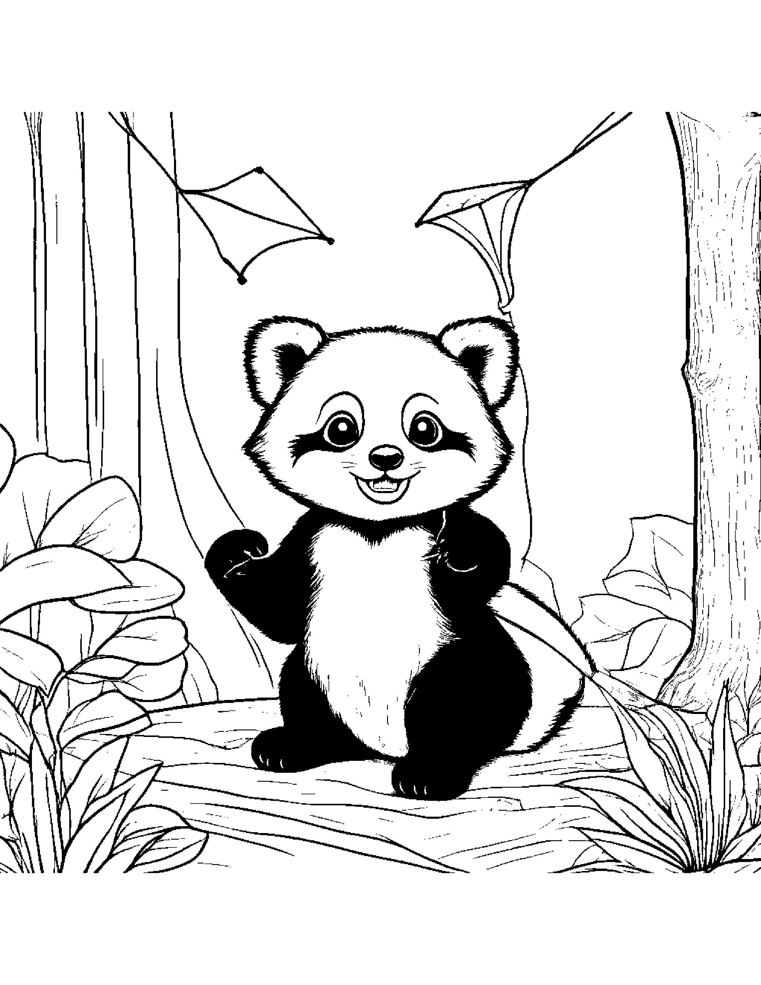 Red Panda Flying A Kite By A Reading Nook #5 Coloring Page (Free Printable PDF)