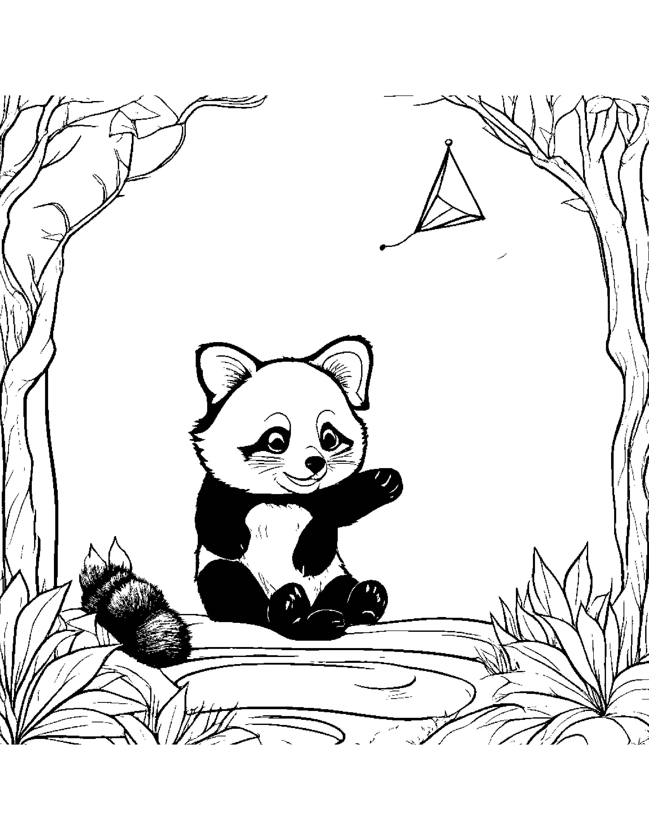 Red Panda Flying A Kite By A Reading Nook Coloring Page (Free Printable PDF)