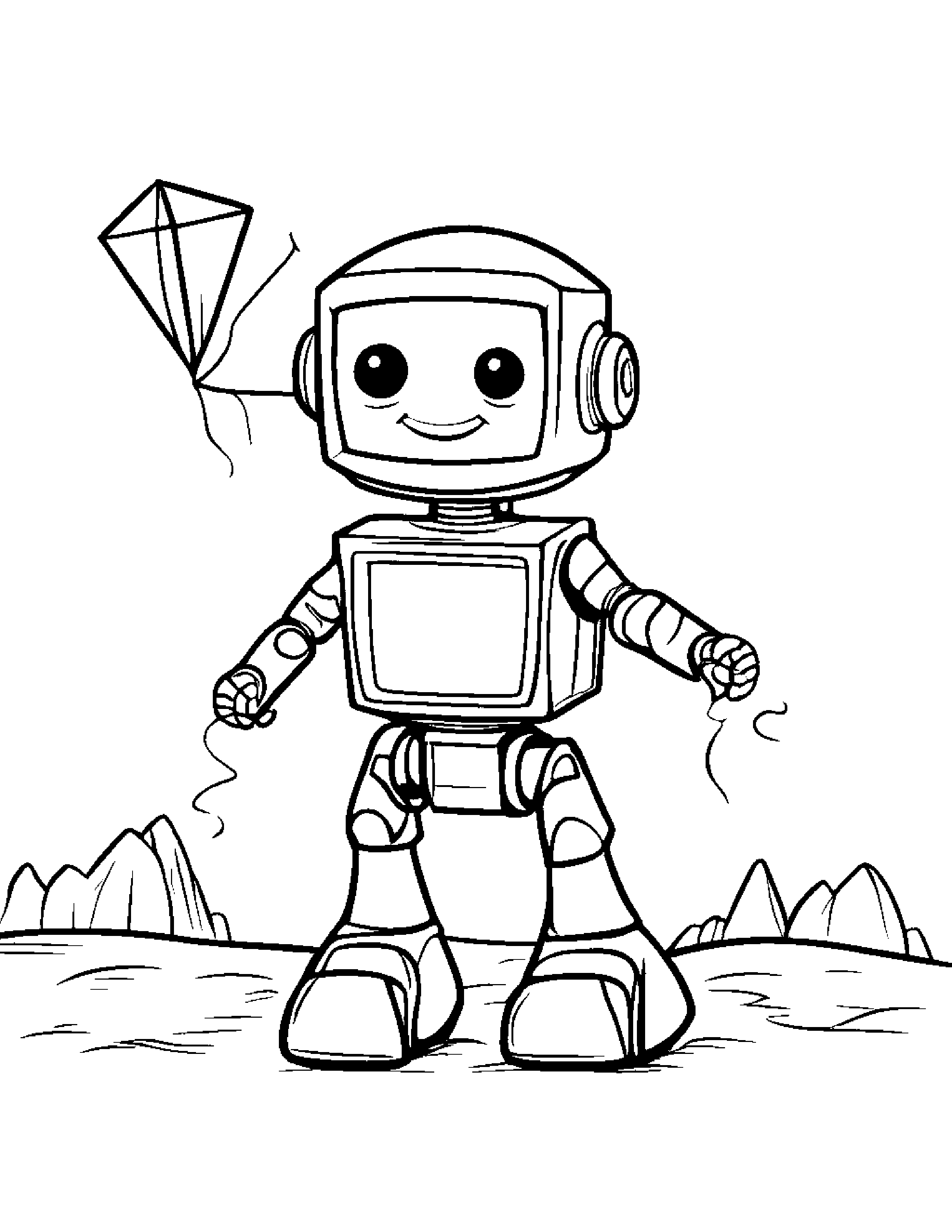 Robot Buddy Flying A Kite #2 Coloring Page (Free Printable PDF)