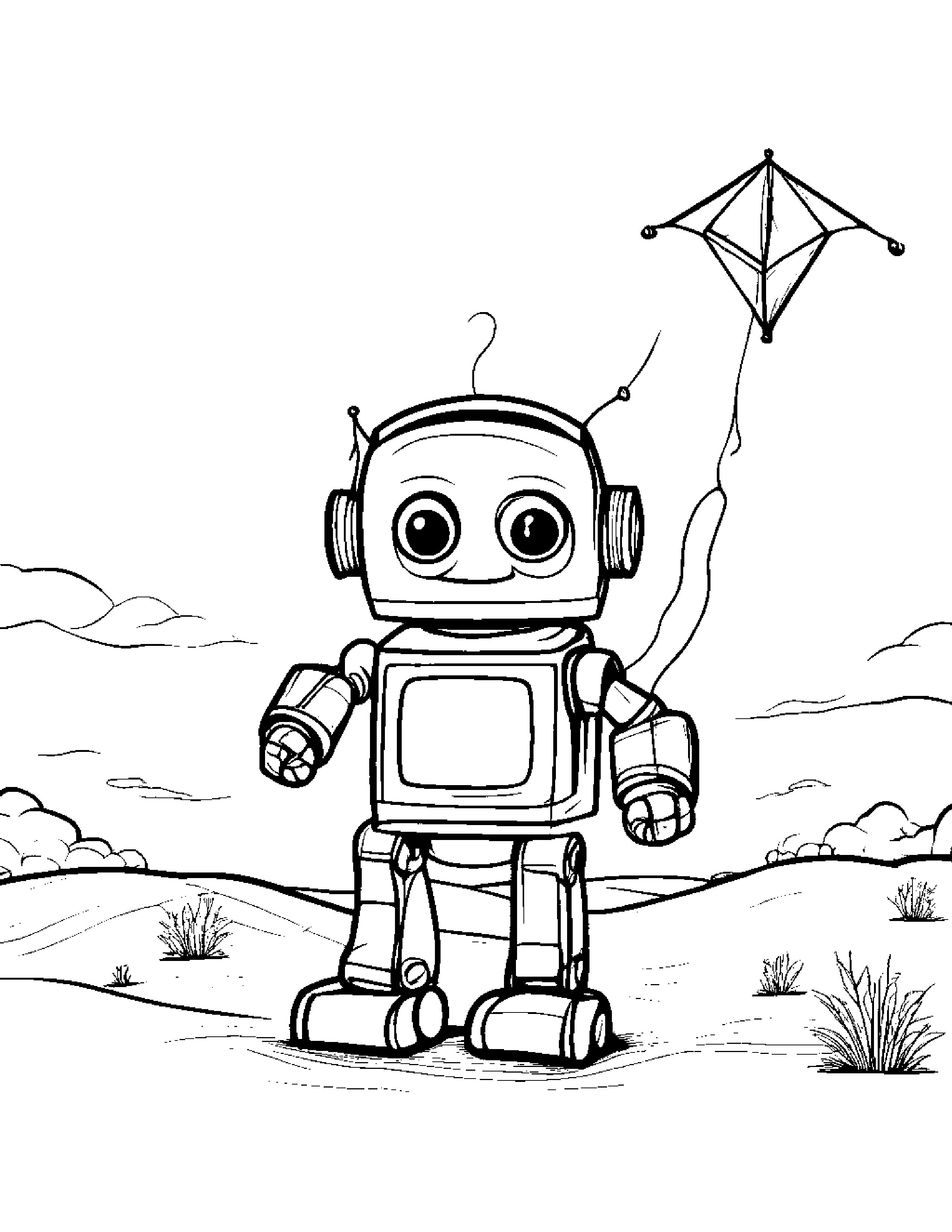 Robot Buddy Flying A Kite #3 Coloring Page (Free Printable PDF)