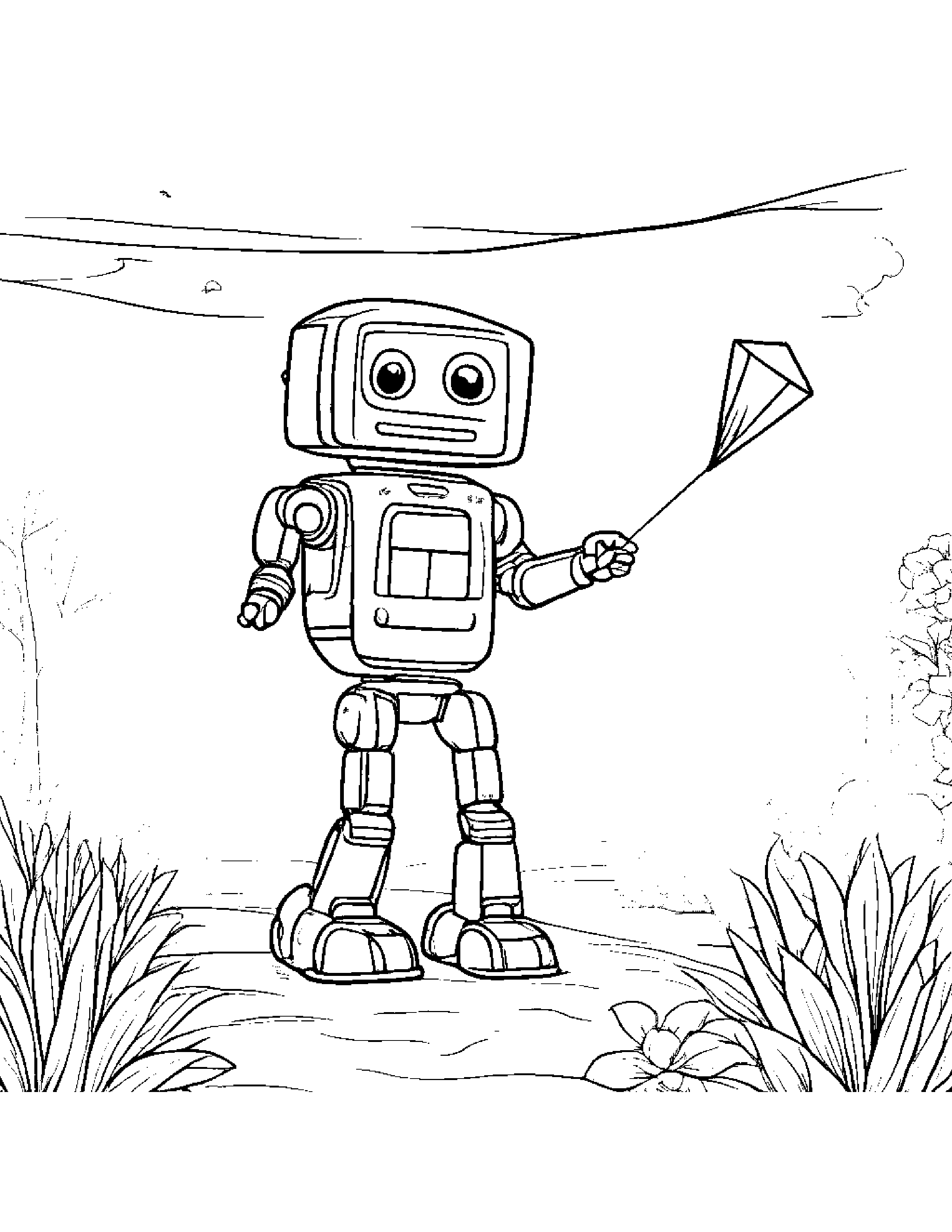 Robot Buddy Flying A Kite In A Cozy Garden #2 Coloring Page (Free Printable PDF)