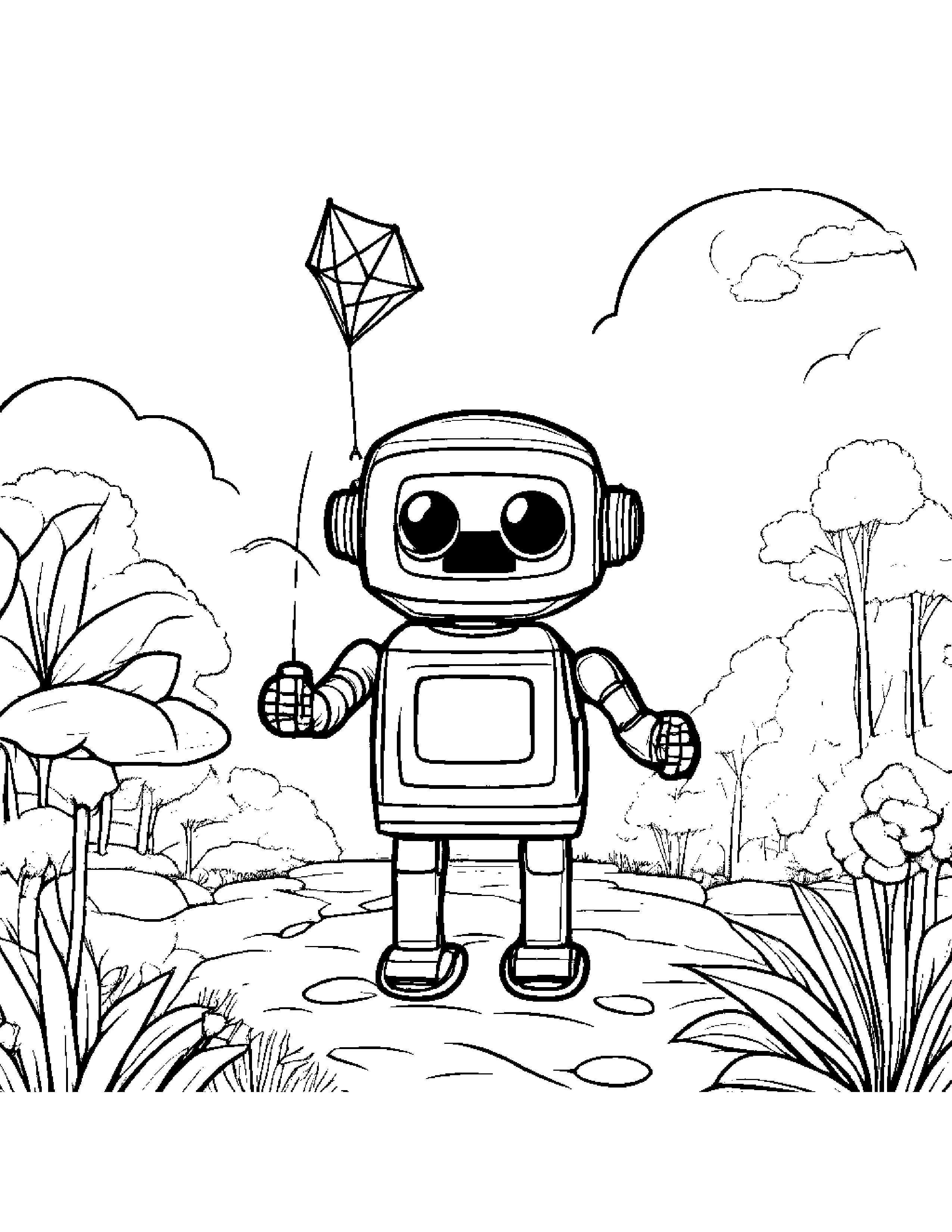 Robot Buddy Flying A Kite In A Cozy Garden #3 Coloring Page (Free Printable PDF)