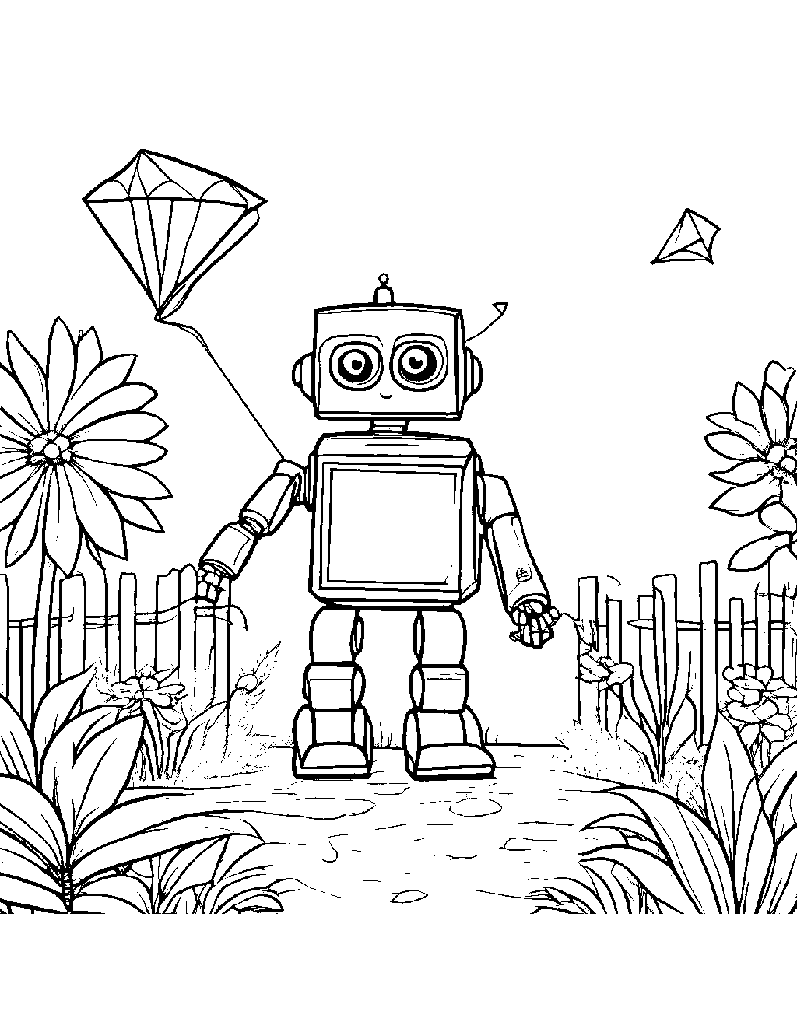 Robot Buddy Flying A Kite In A Cozy Garden Coloring Page (Free Printable PDF)