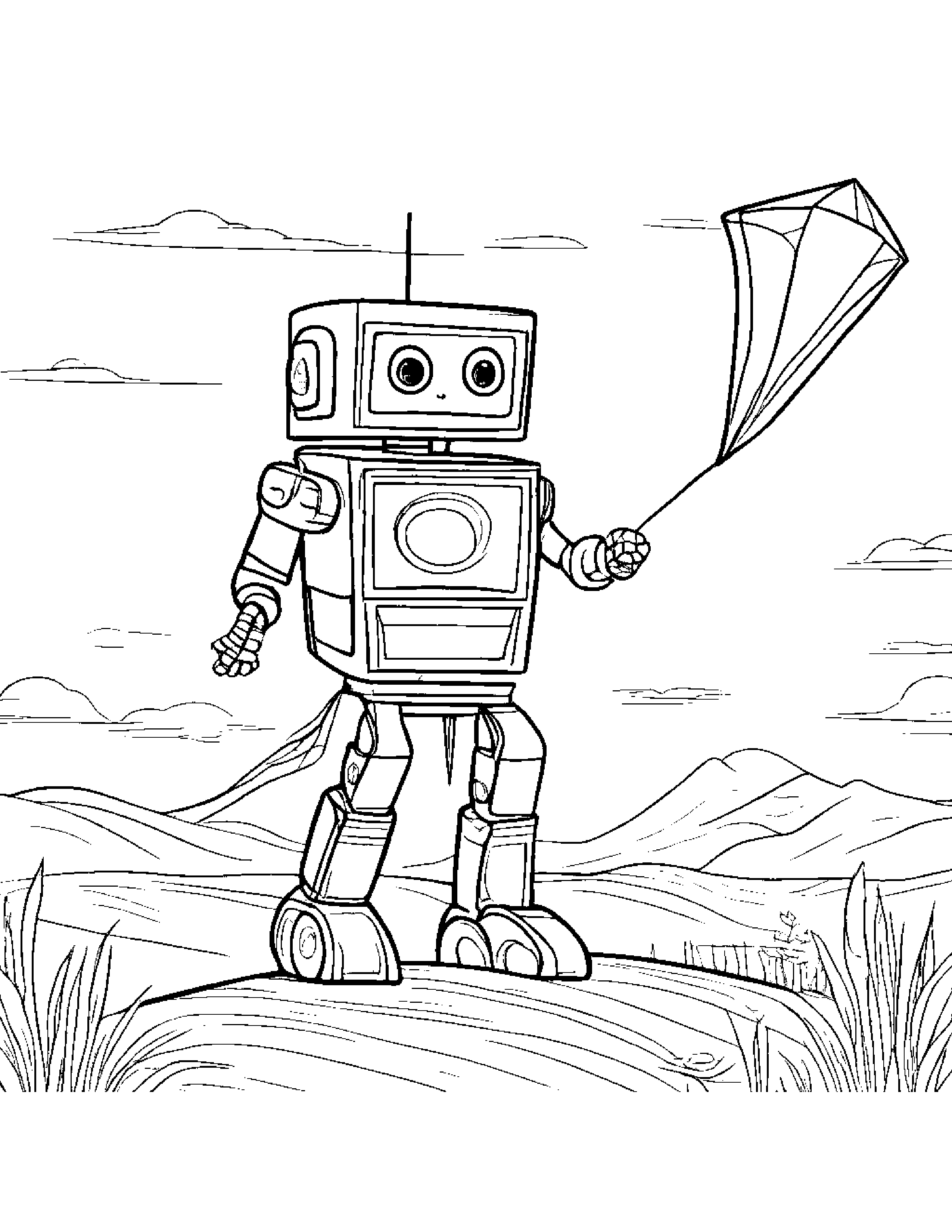 Robot Buddy Flying A Kite Coloring Page (Free Printable PDF)