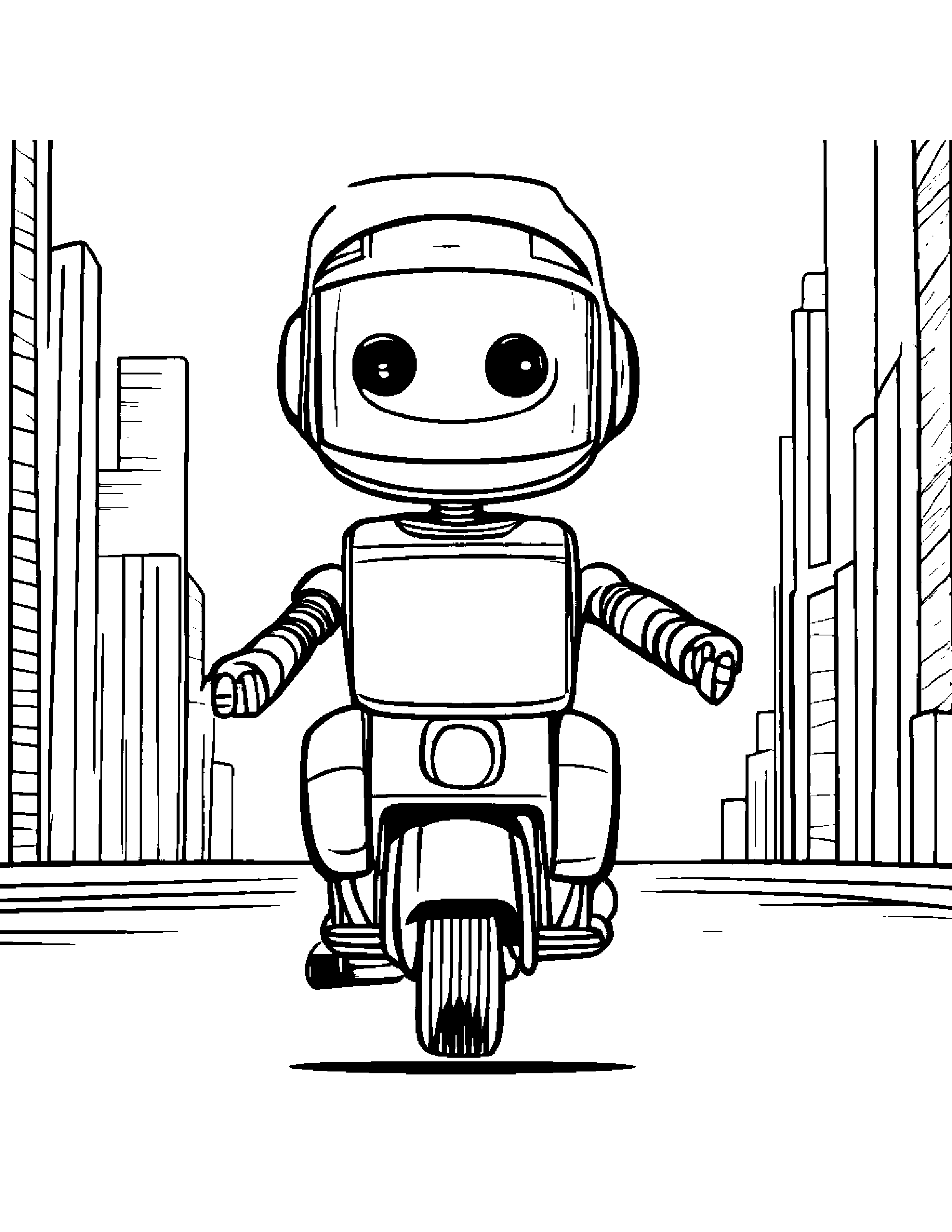 Robot Buddy Riding A Scooter #2 Coloring Page (Free Printable PDF)