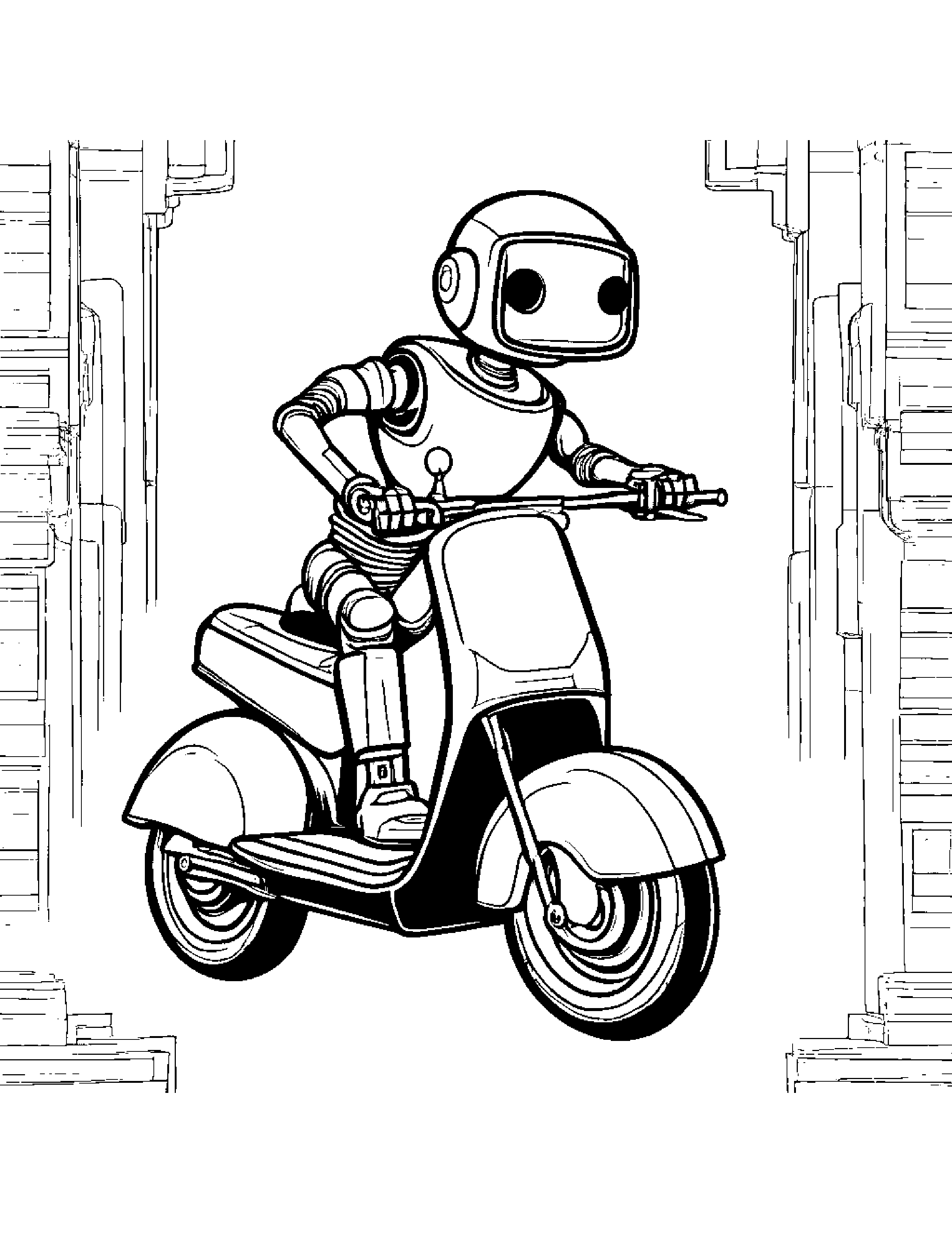 Robot Buddy Riding A Scooter #3 Coloring Page (Free Printable PDF)