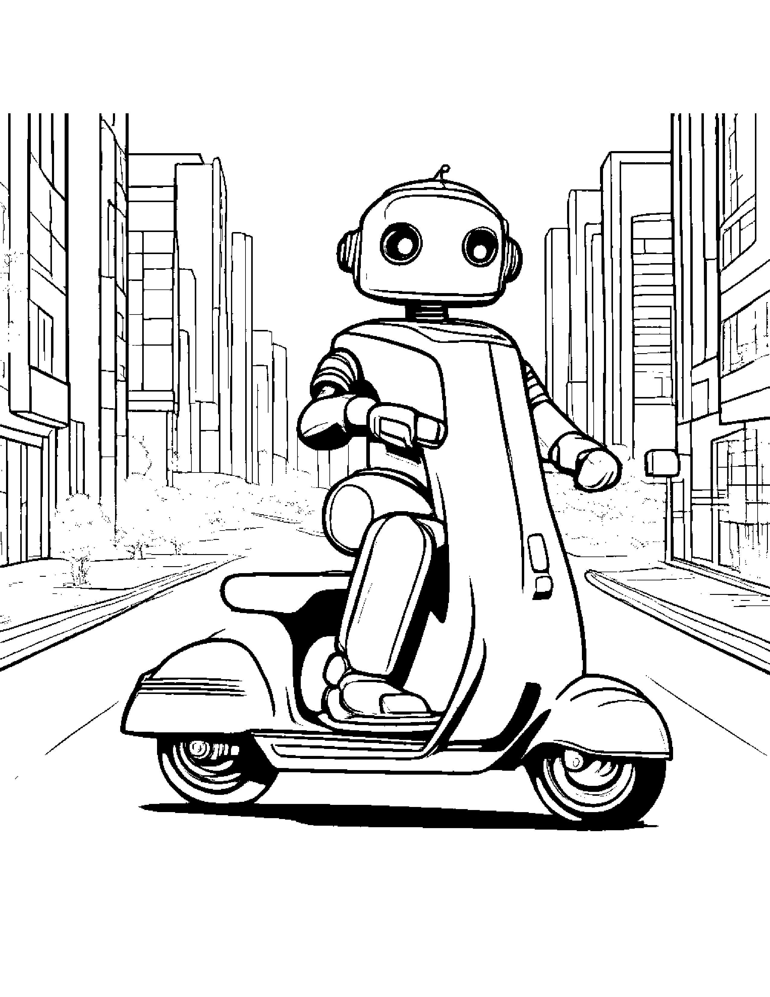 Robot Buddy Riding A Scooter #4 Coloring Page (Free Printable PDF)