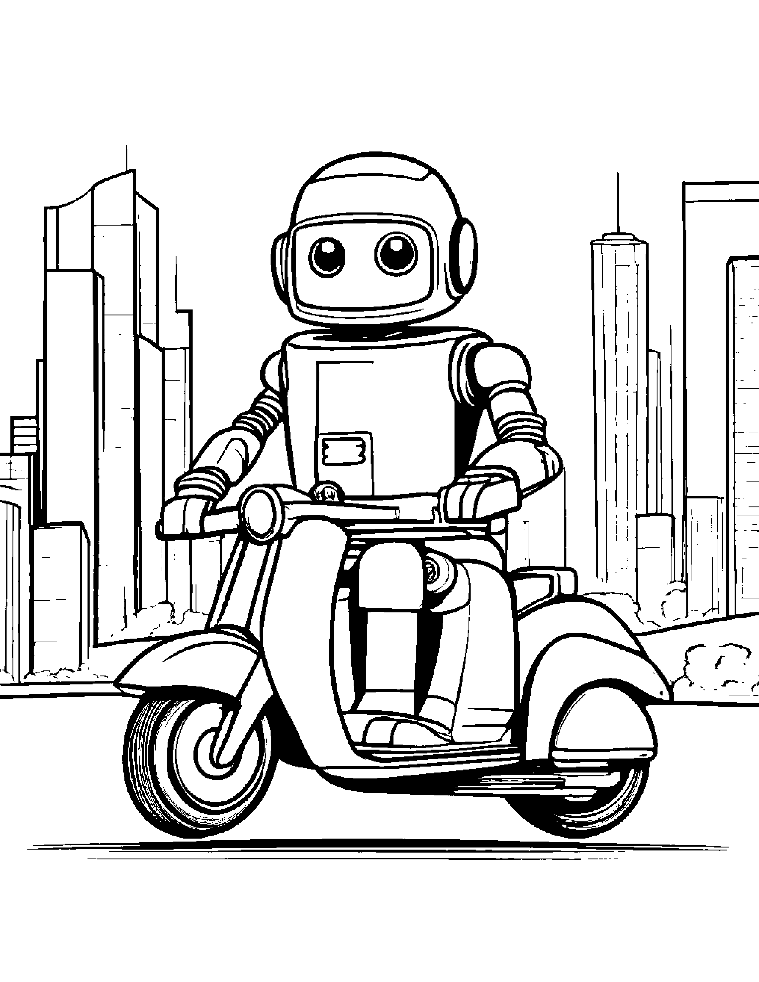 Robot Buddy Riding A Scooter #5 Coloring Page (Free Printable PDF)