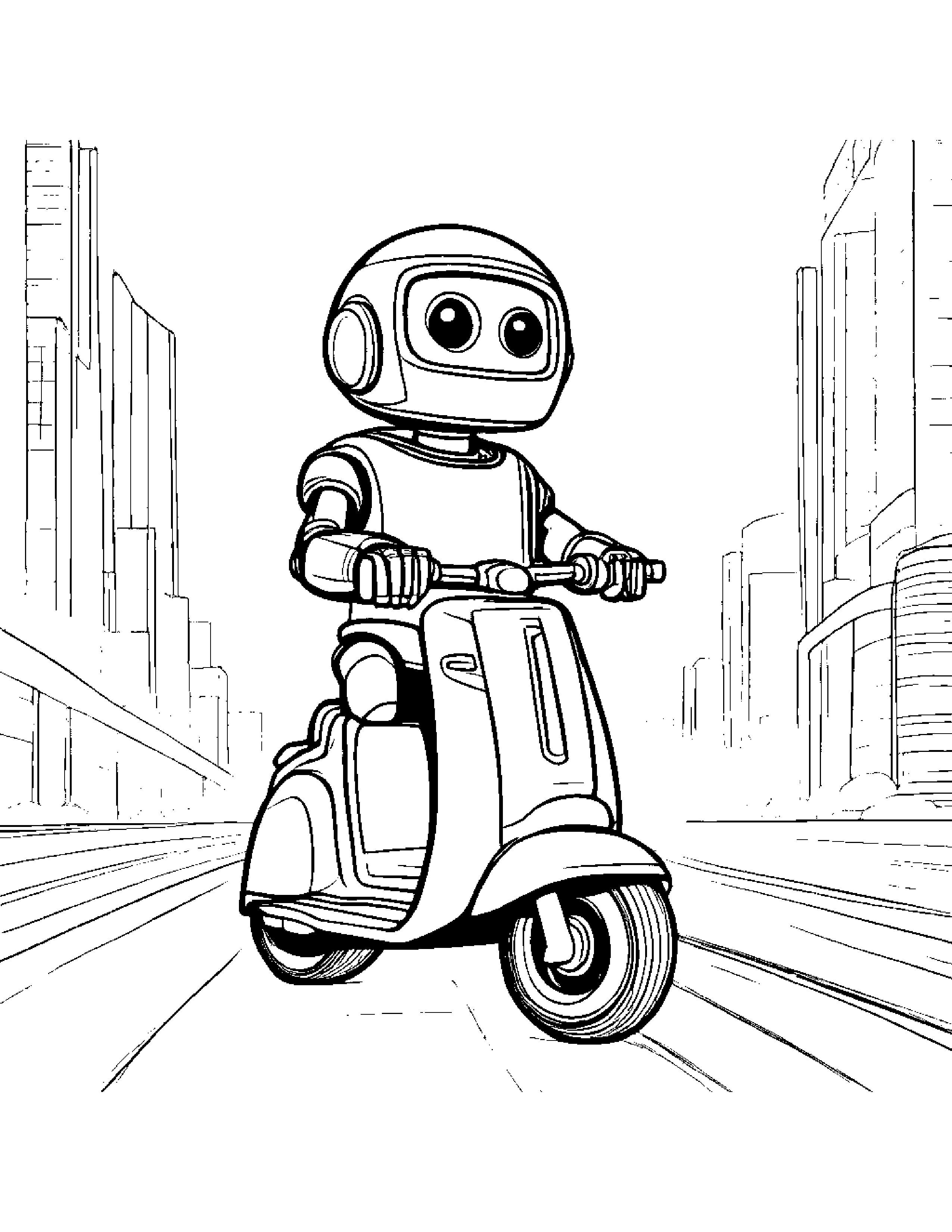 Robot Buddy Riding A Scooter Coloring Page (Free Printable PDF)