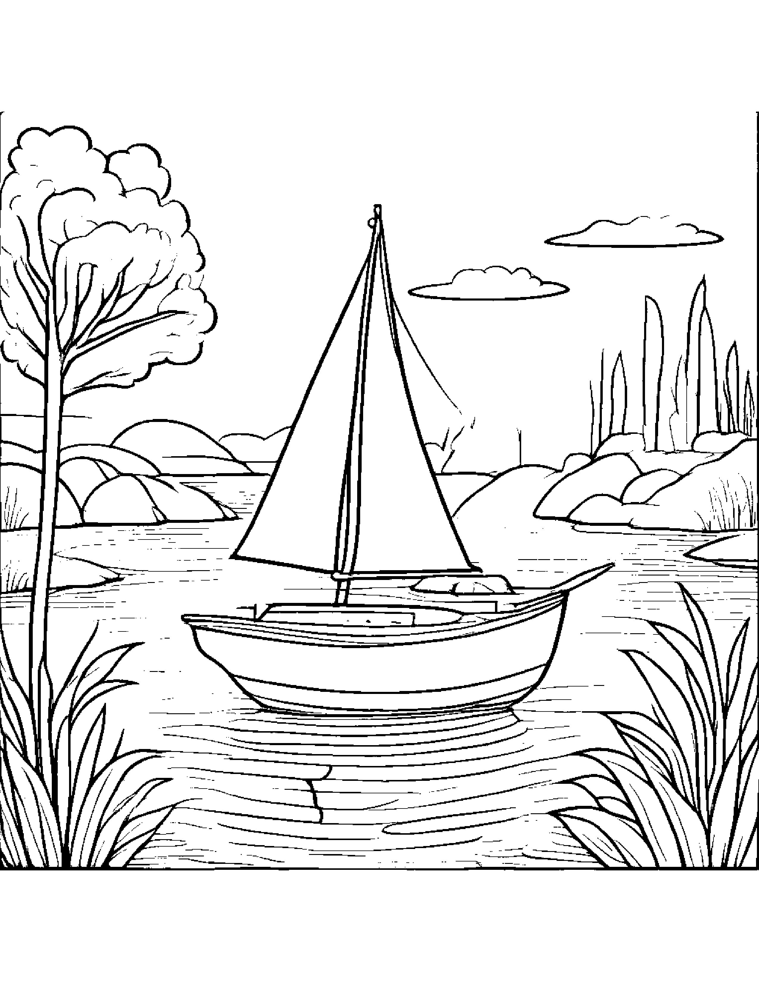 Sailboat Toy Sharing Near A Gentle Stream #2 Coloring Page (Free Printable PDF)