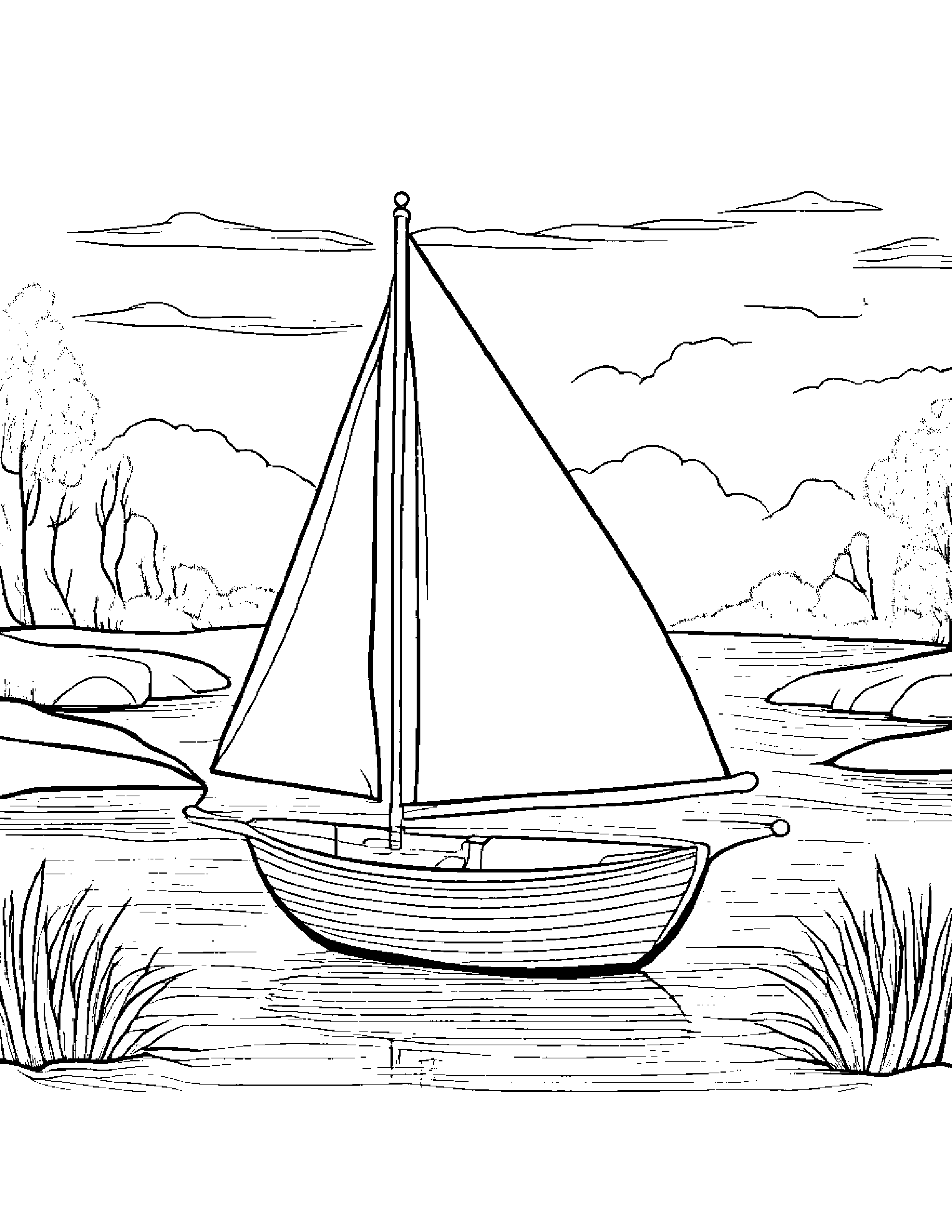 Sailboat Toy Sharing Near A Gentle Stream Coloring Page (Free Printable PDF)