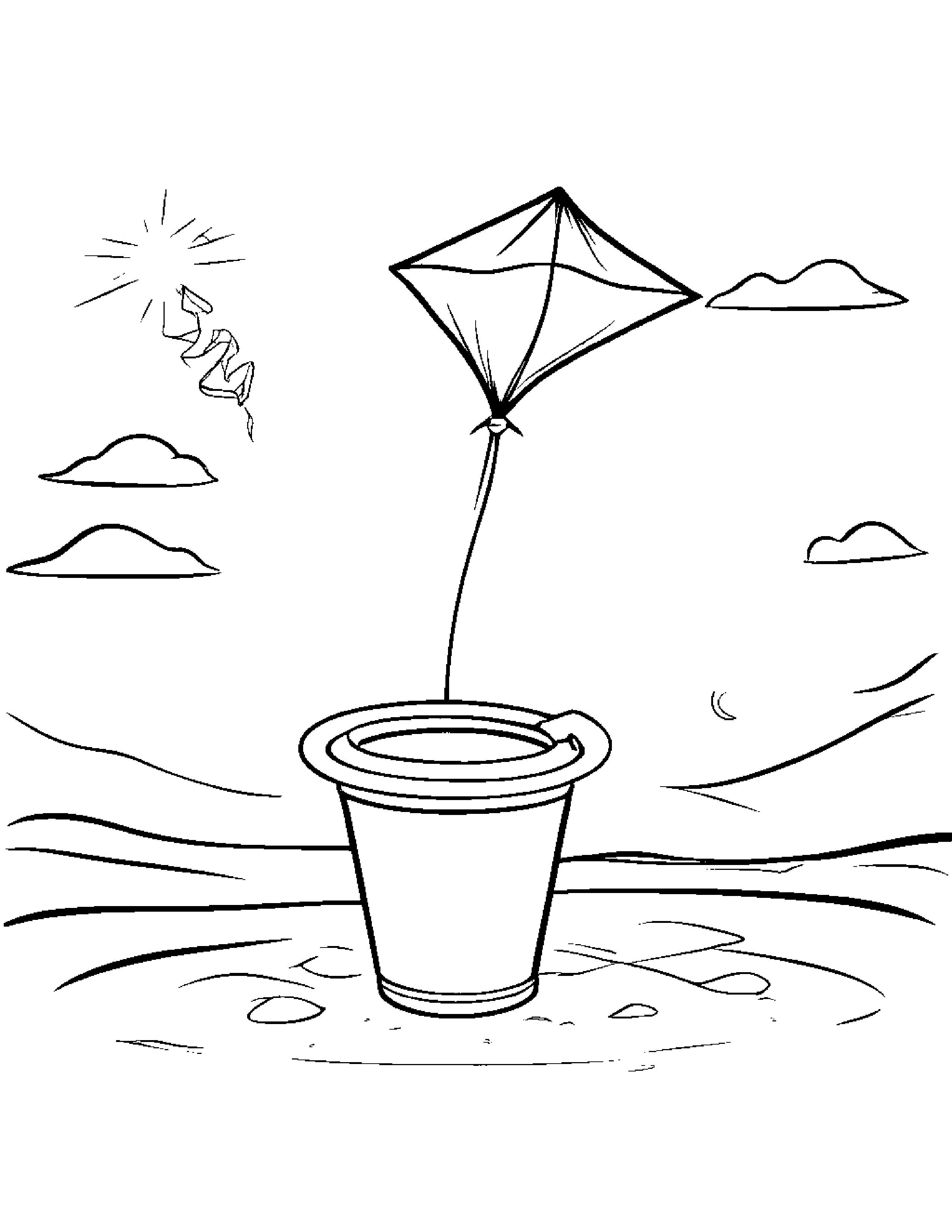 Sand Bucket Flying A Kite #2 Coloring Page (Free Printable PDF)