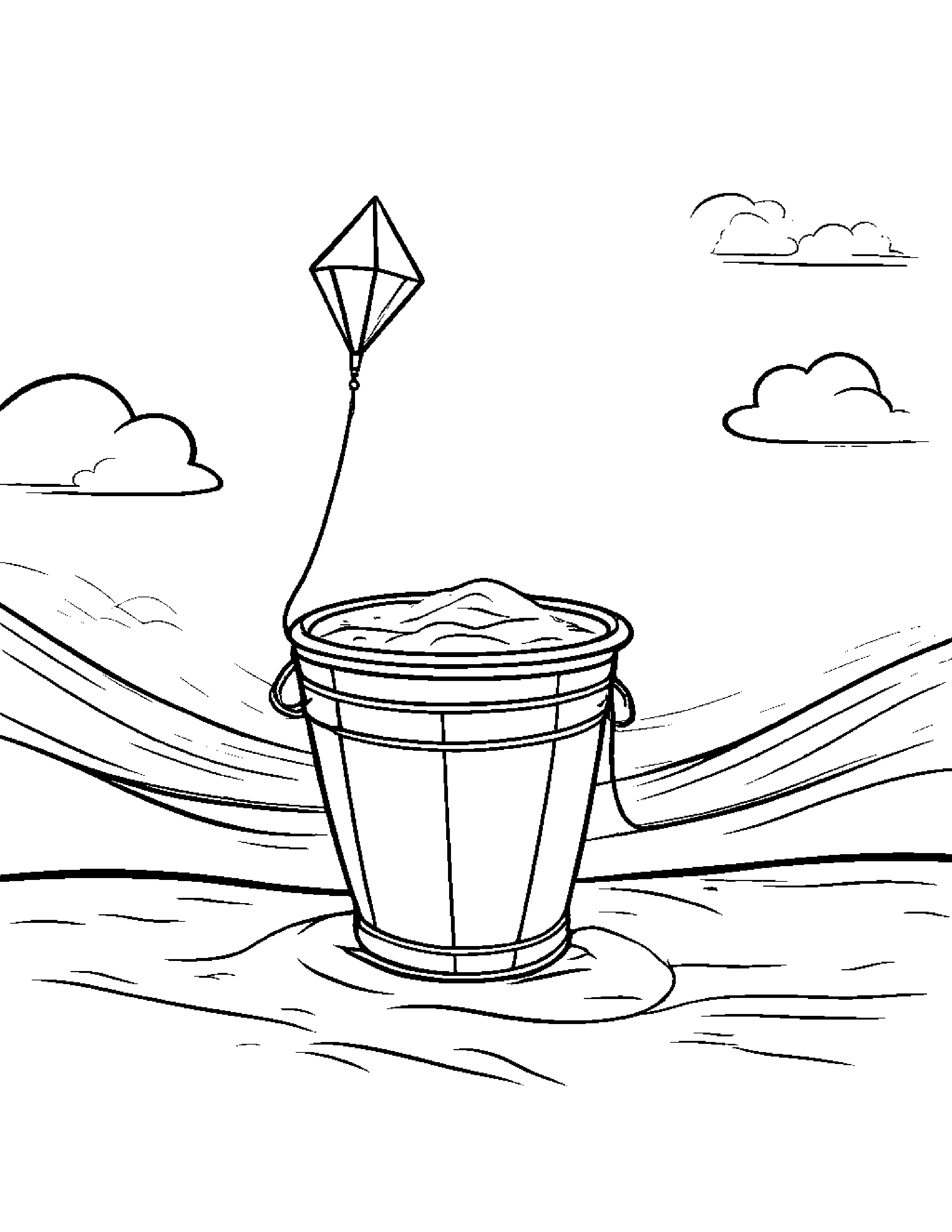 Sand Bucket Flying A Kite #3 Coloring Page (Free Printable PDF)