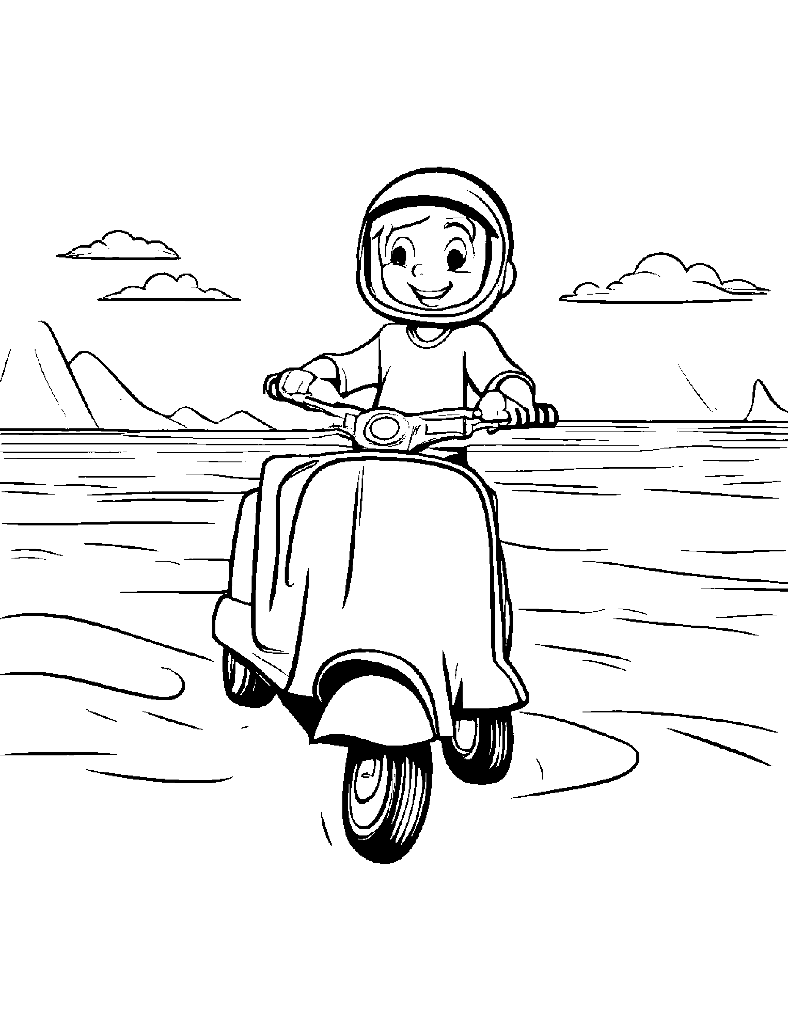 Sand Bucket Riding A Scooter #2 Coloring Page (Free Printable PDF)