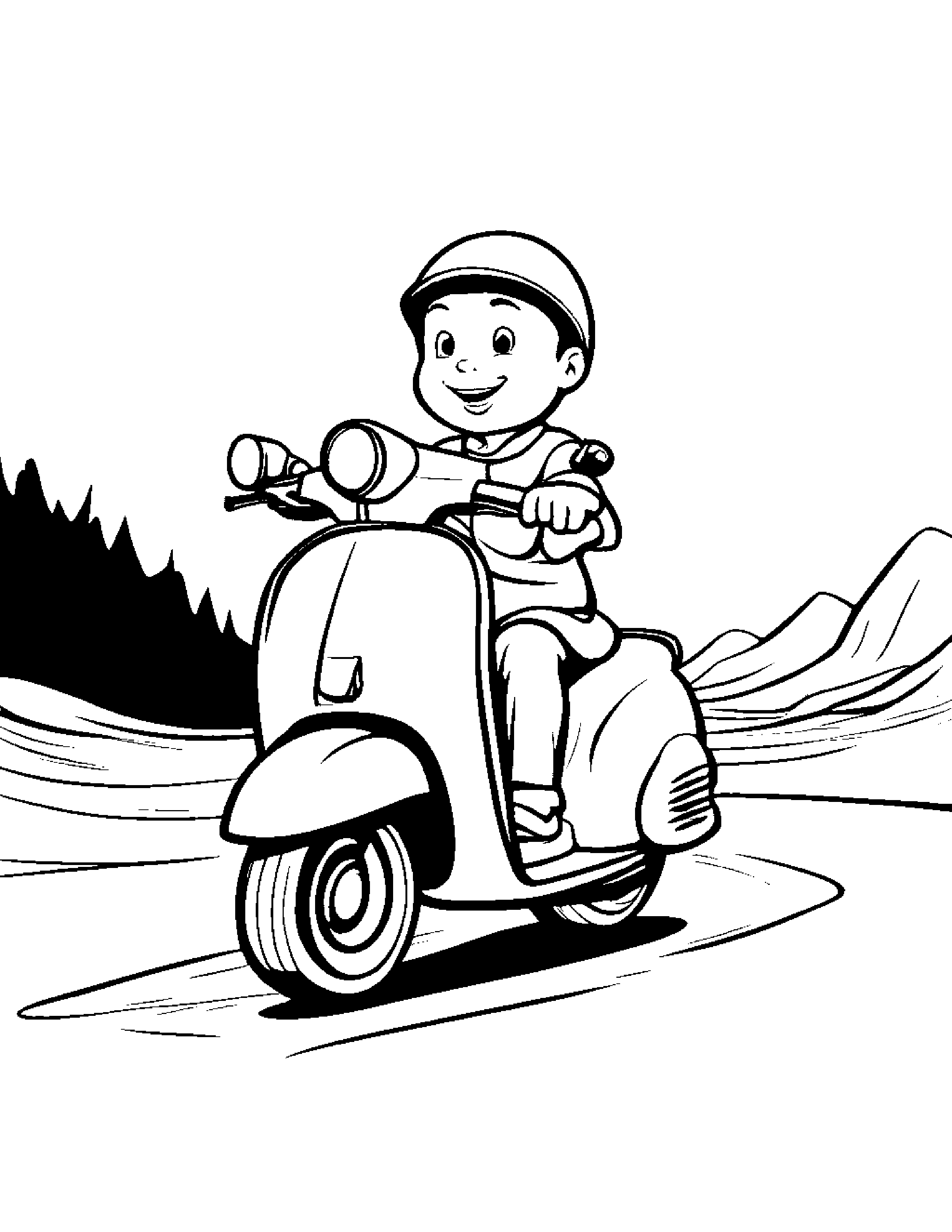 Sand Bucket Riding A Scooter #3 Coloring Page (Free Printable PDF)