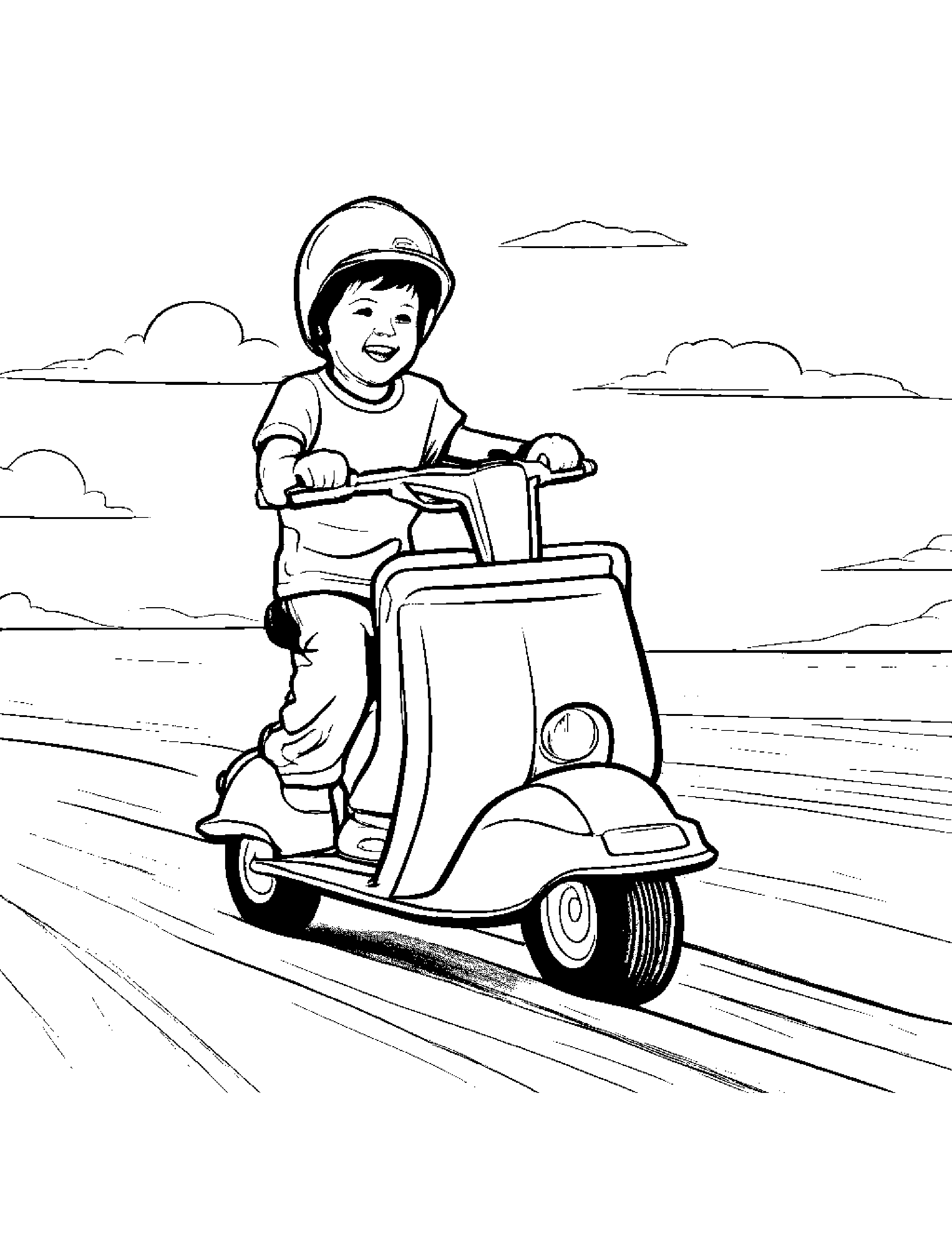 Sand Bucket Riding A Scooter Coloring Page (Free Printable PDF)