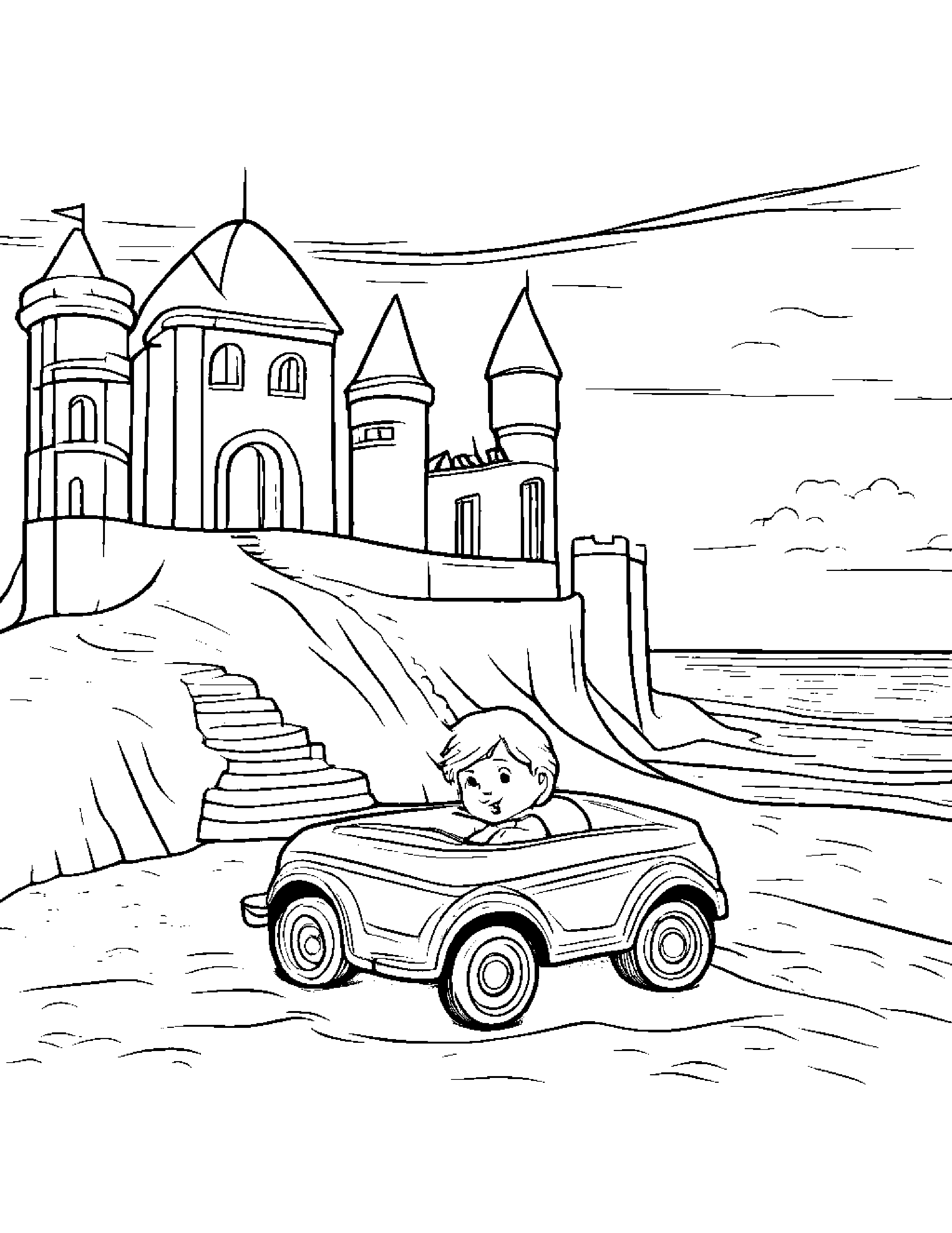 Toy Car Building A Sandcastle By A Reading Nook #3 Coloring Page (Free Printable PDF)