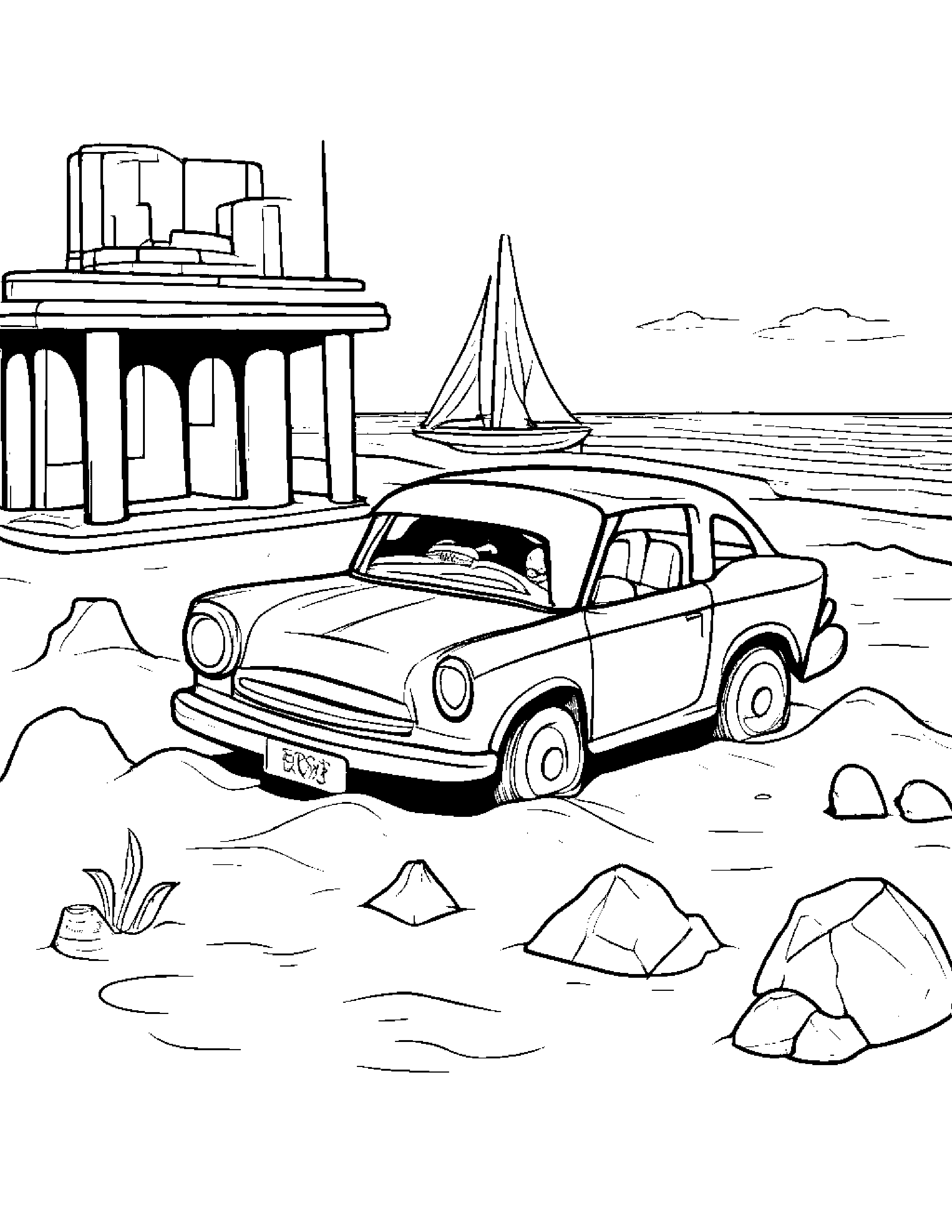 Toy Car Building A Sandcastle By A Reading Nook #5 Coloring Page (Free Printable PDF)