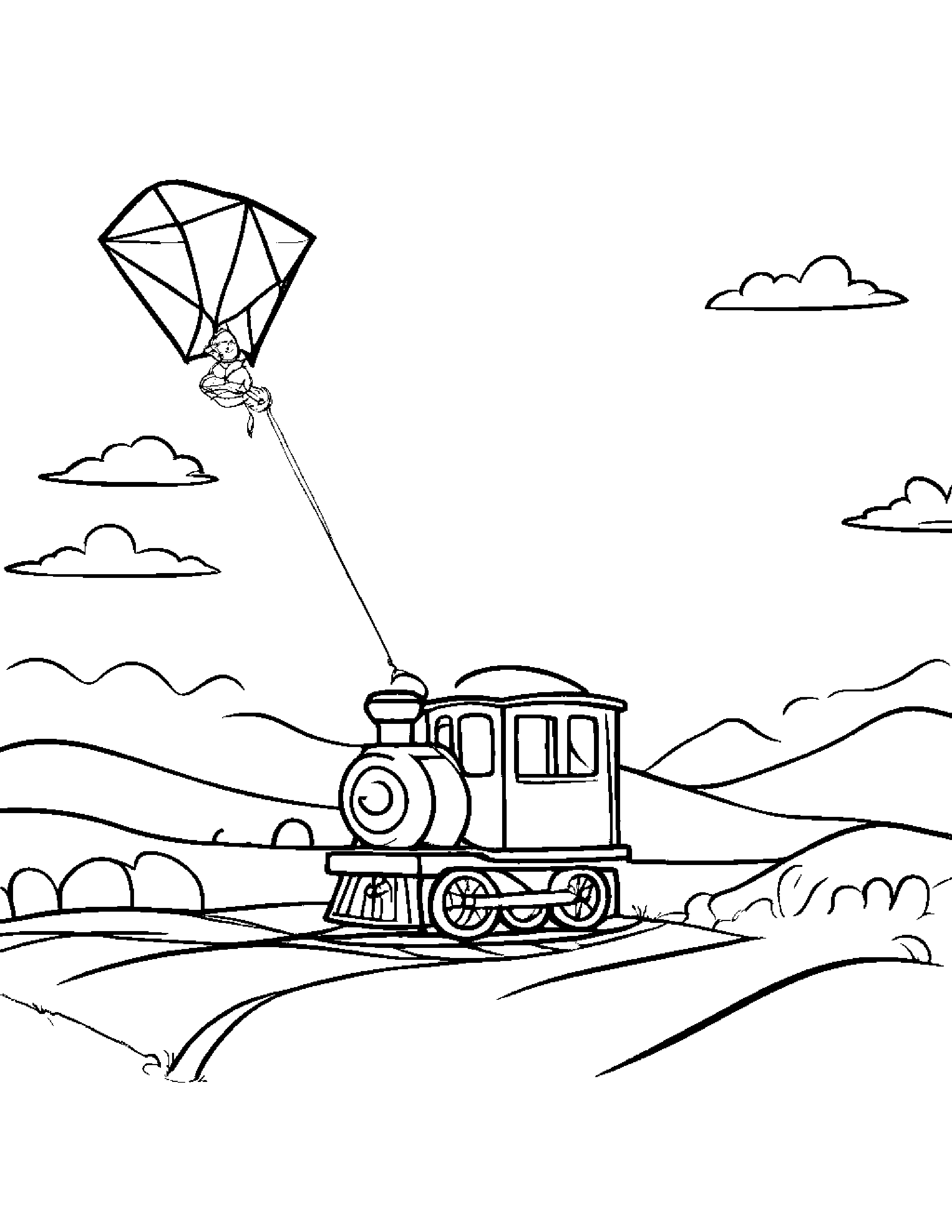 Train Toy Flying A Kite #2 Coloring Page (Free Printable PDF)
