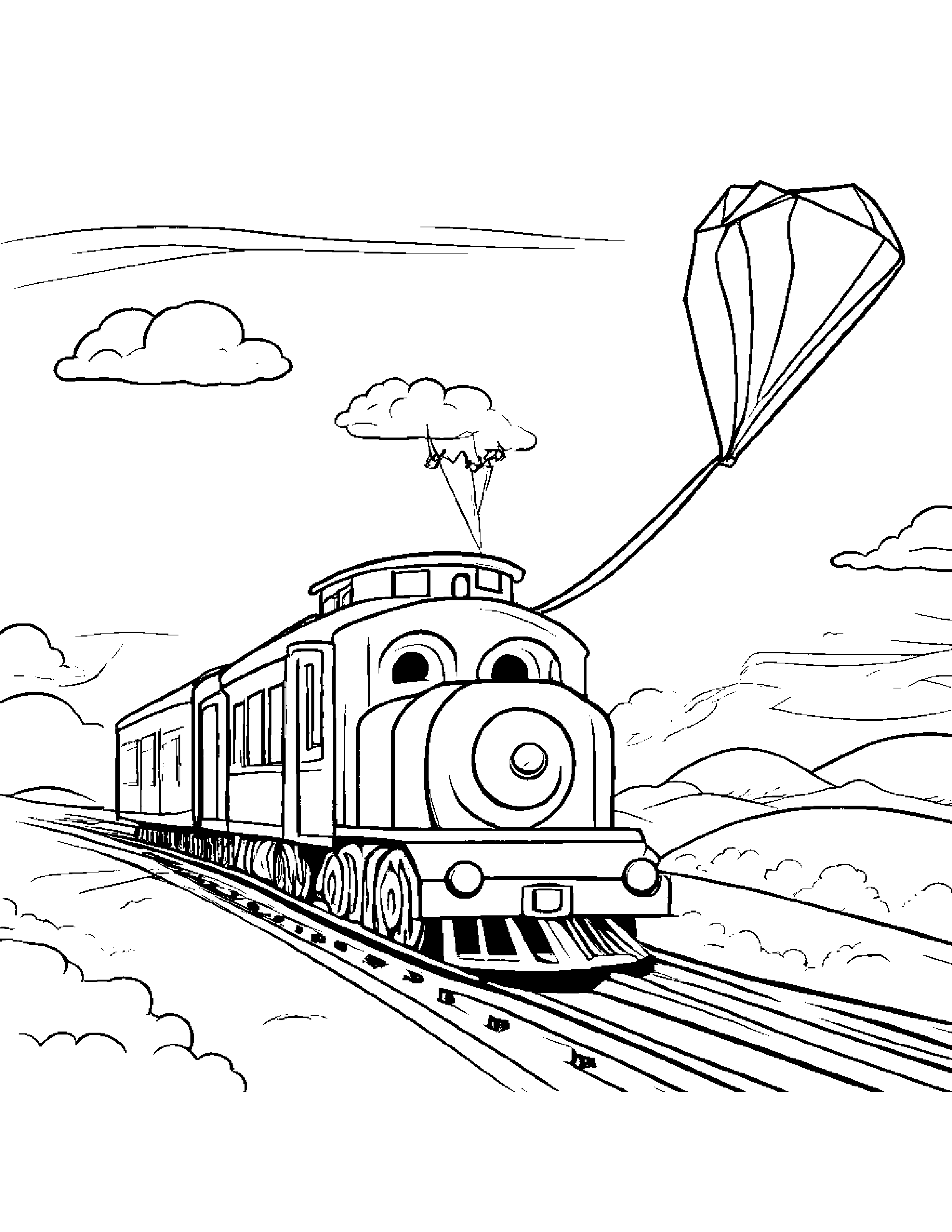 Train Toy Flying A Kite #3 Coloring Page (Free Printable PDF)