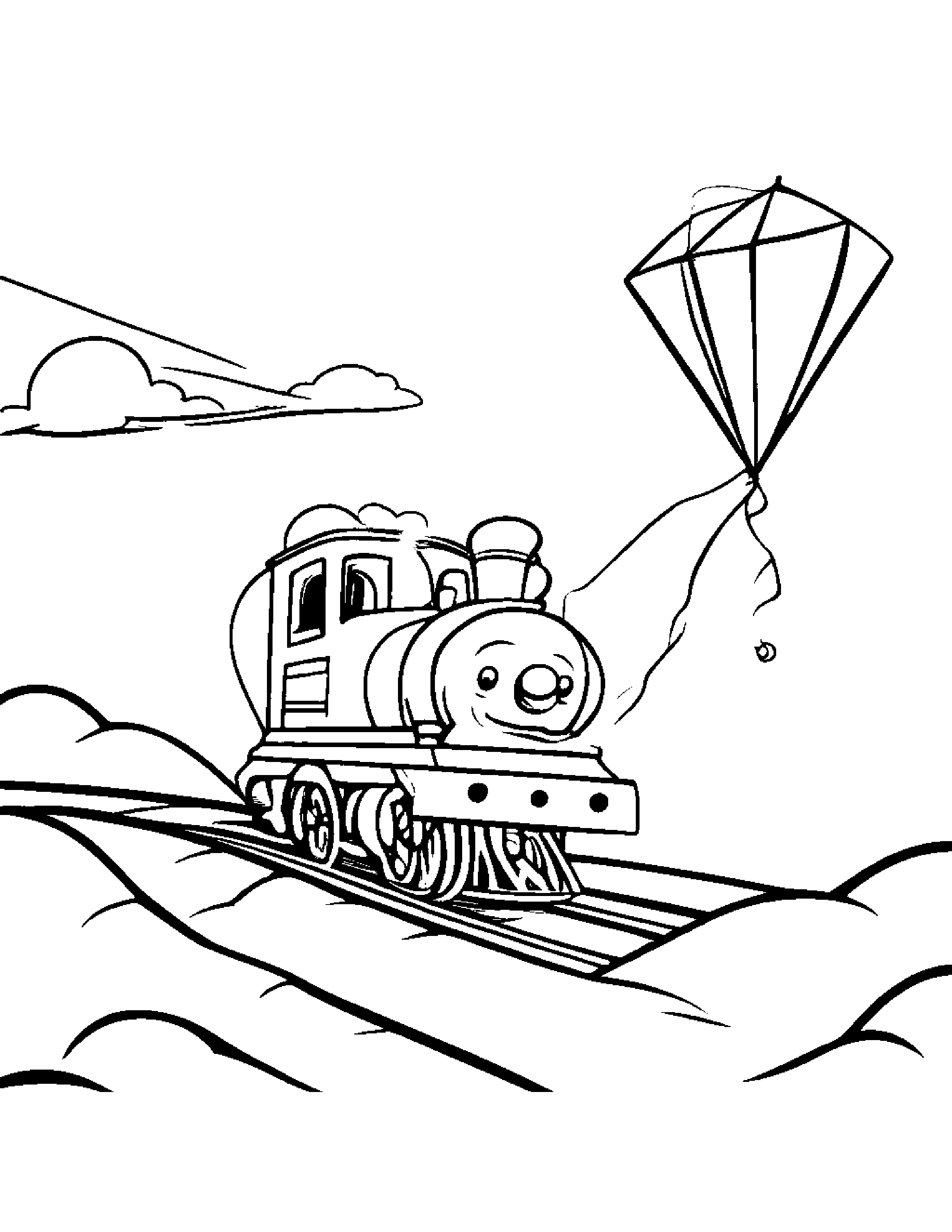 Train Toy Flying A Kite Coloring Page (Free Printable PDF)