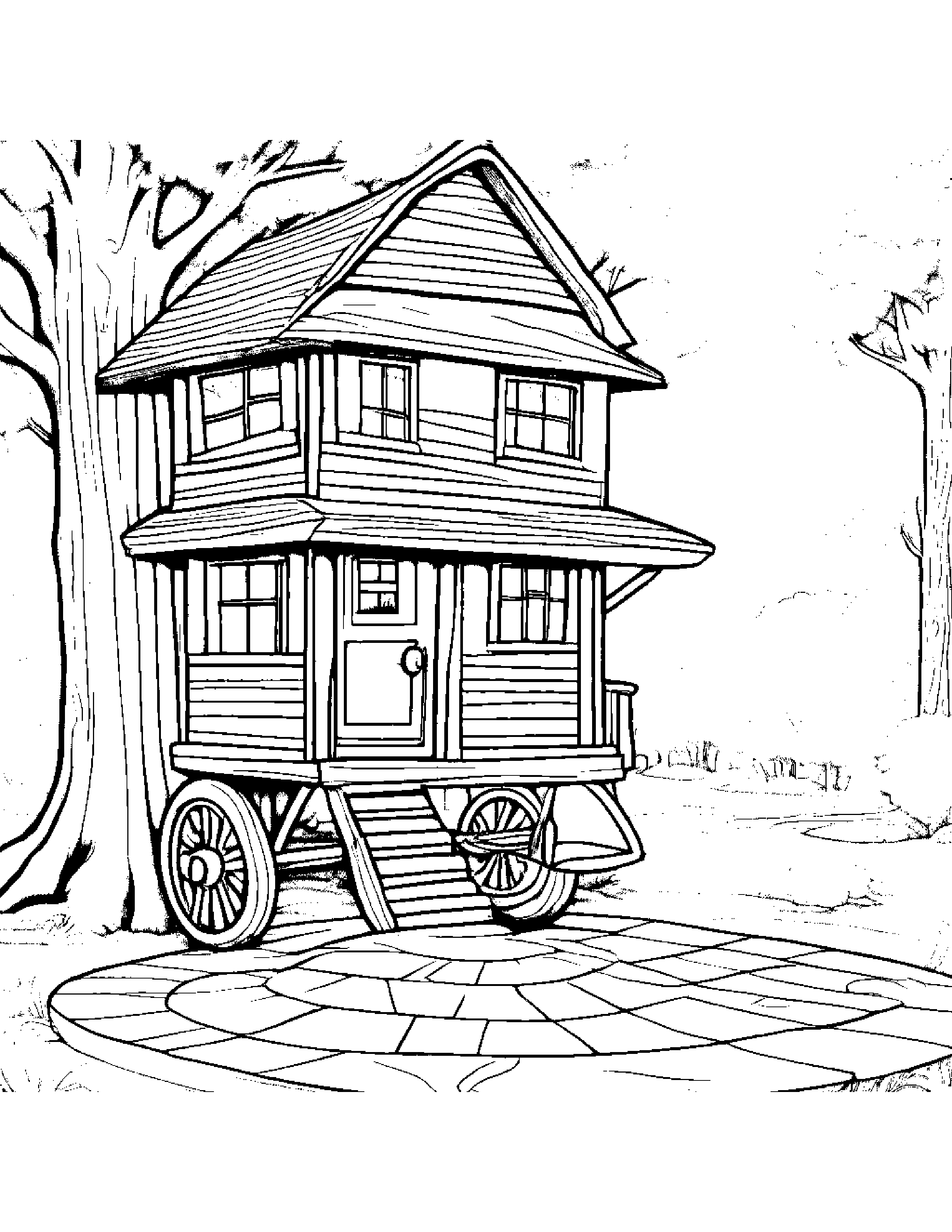 Tricycle Playing Hopscotch In A Treehouse Coloring Page (Free Printable PDF)