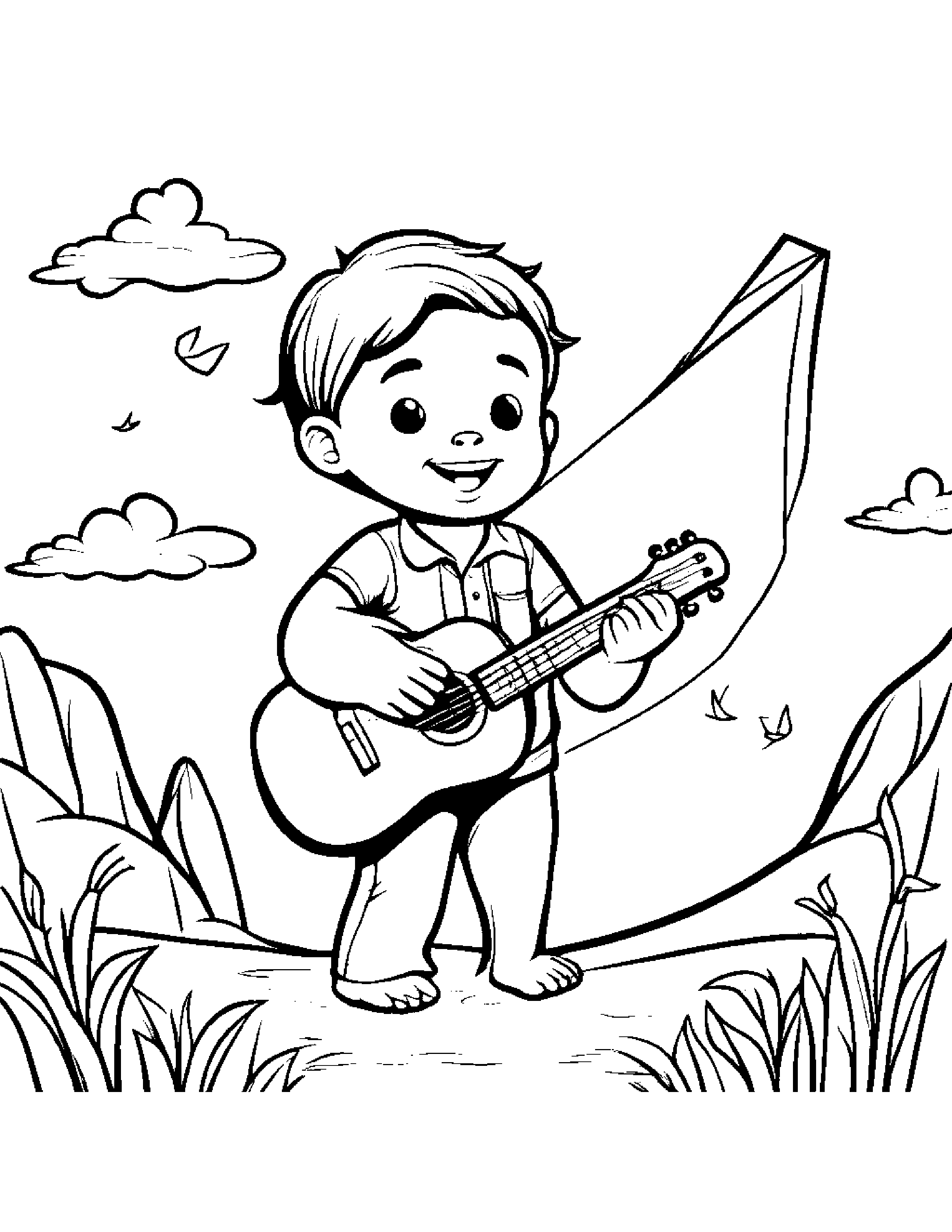 Ukulele Flying A Kite #2 Coloring Page (Free Printable PDF)