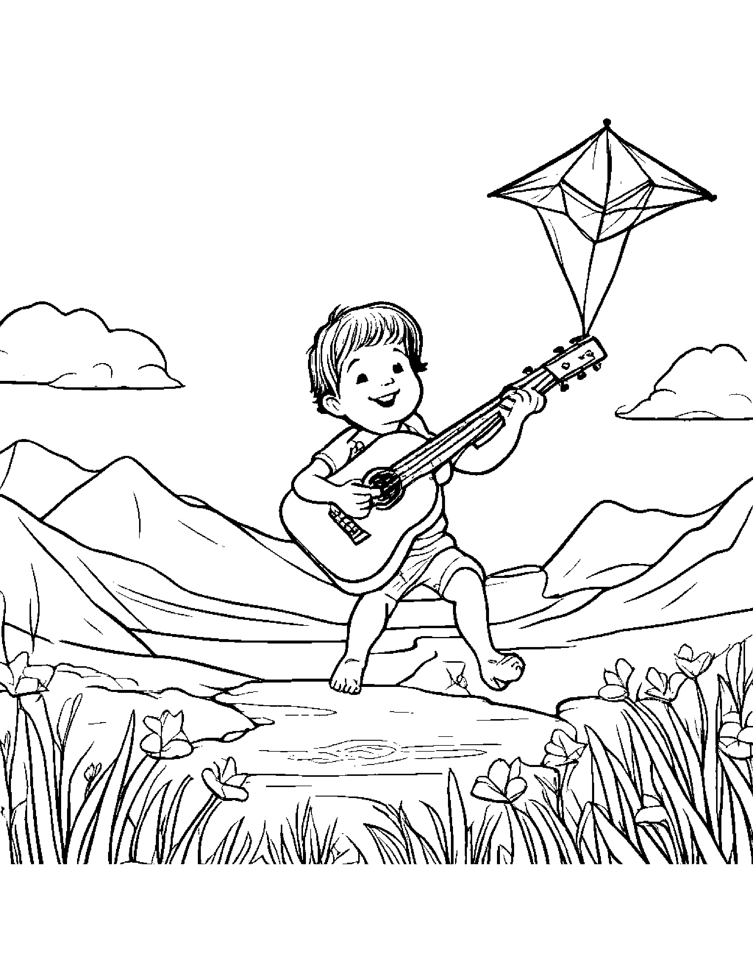 Ukulele Flying A Kite #3 Coloring Page (Free Printable PDF)