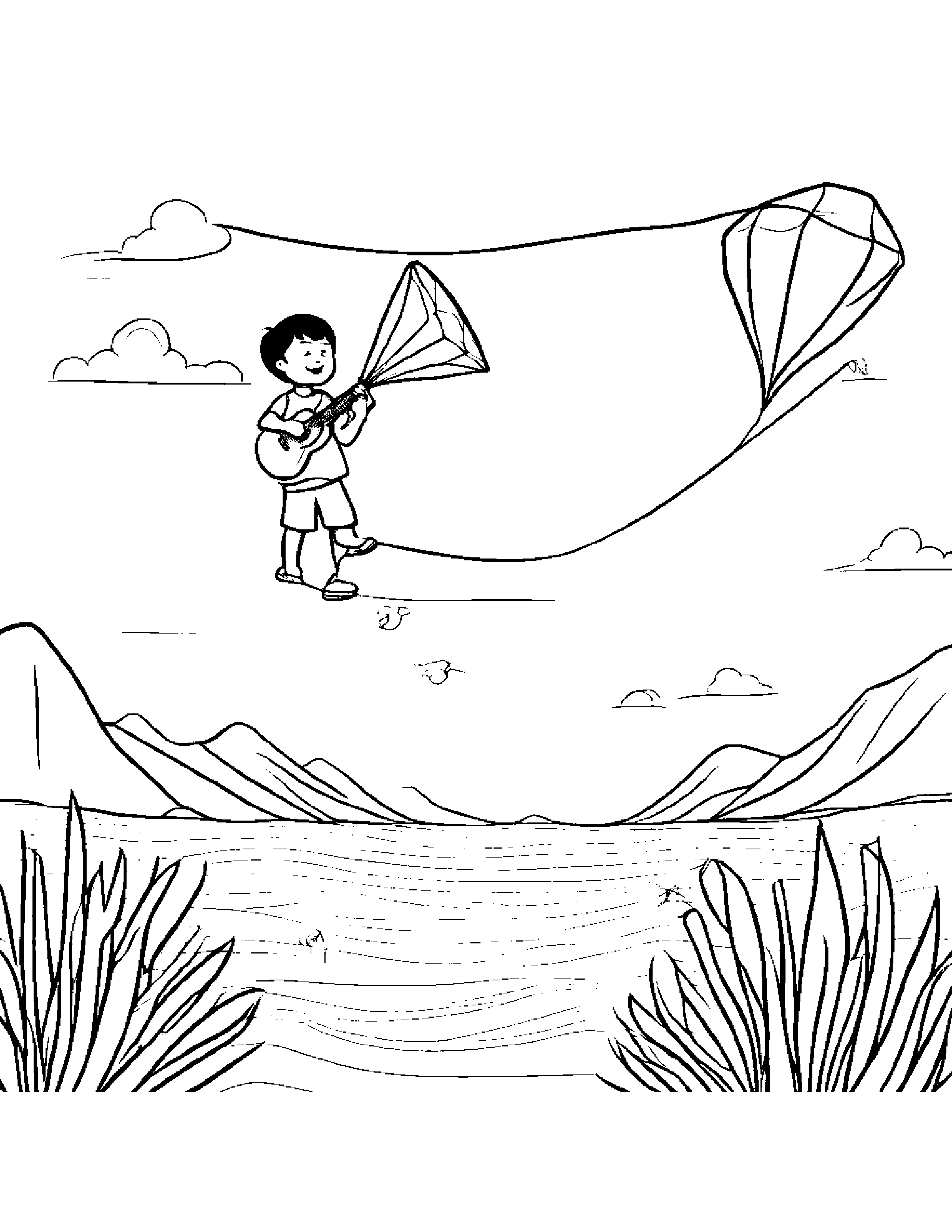 Ukulele Flying A Kite Coloring Page (Free Printable PDF)