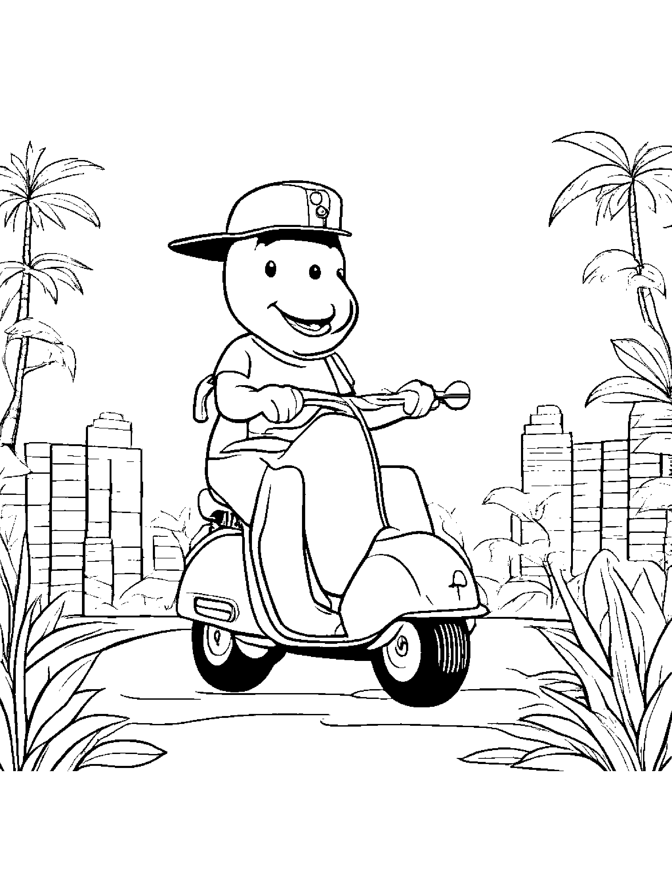 Ukulele Riding A Scooter Coloring Page (Free Printable PDF)