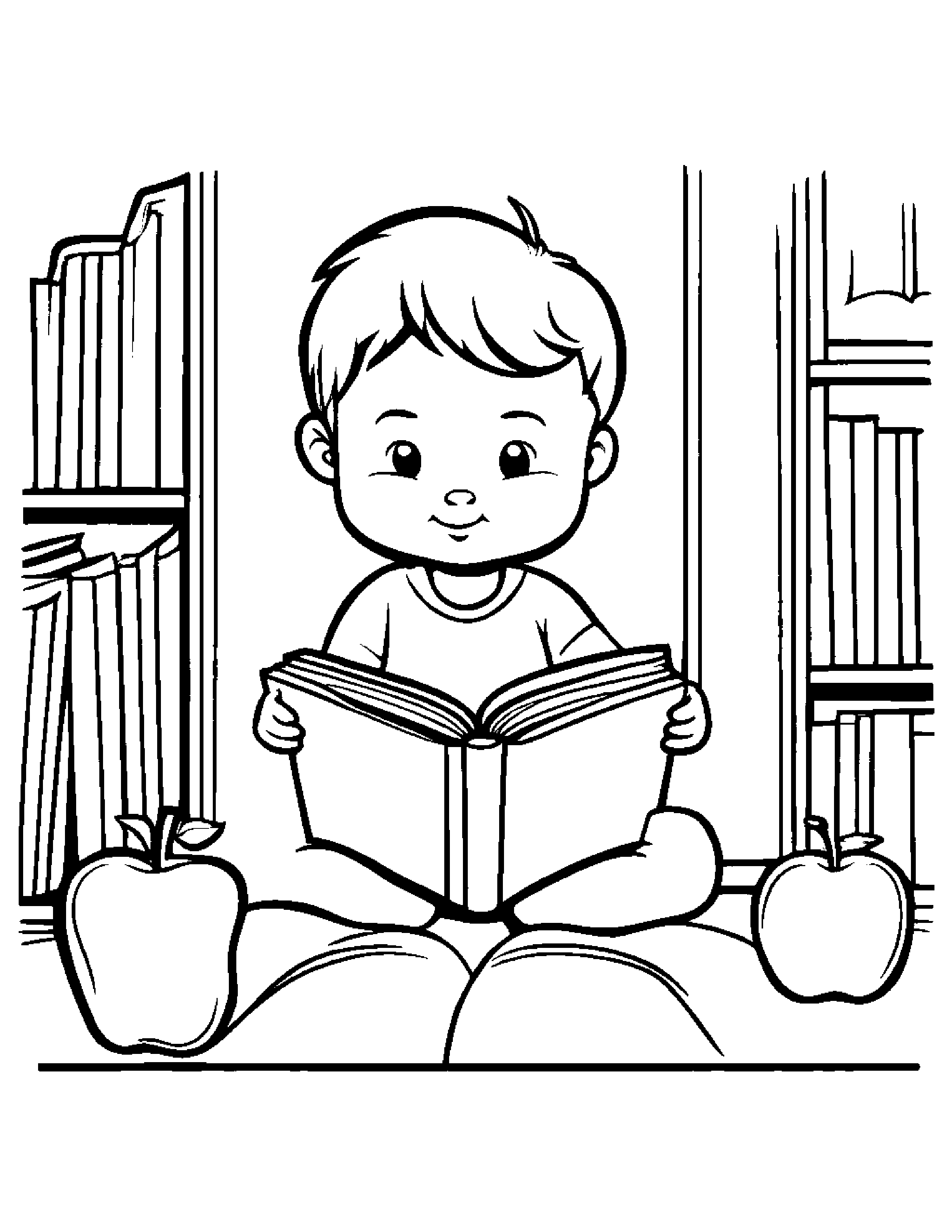Little Apple Reading A Book #2 Coloring Page (Free Printable PDF)
