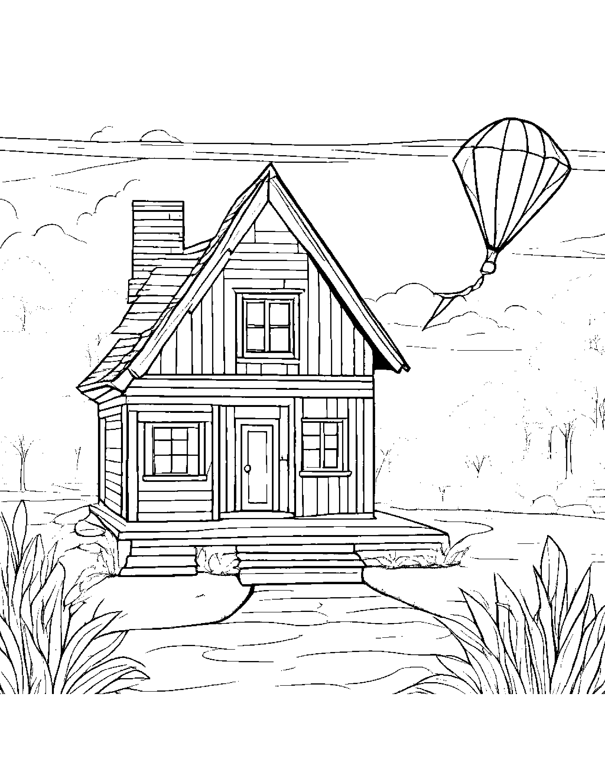 Cozy Cottage With A Kite Coloring Page (Free Printable PDF)