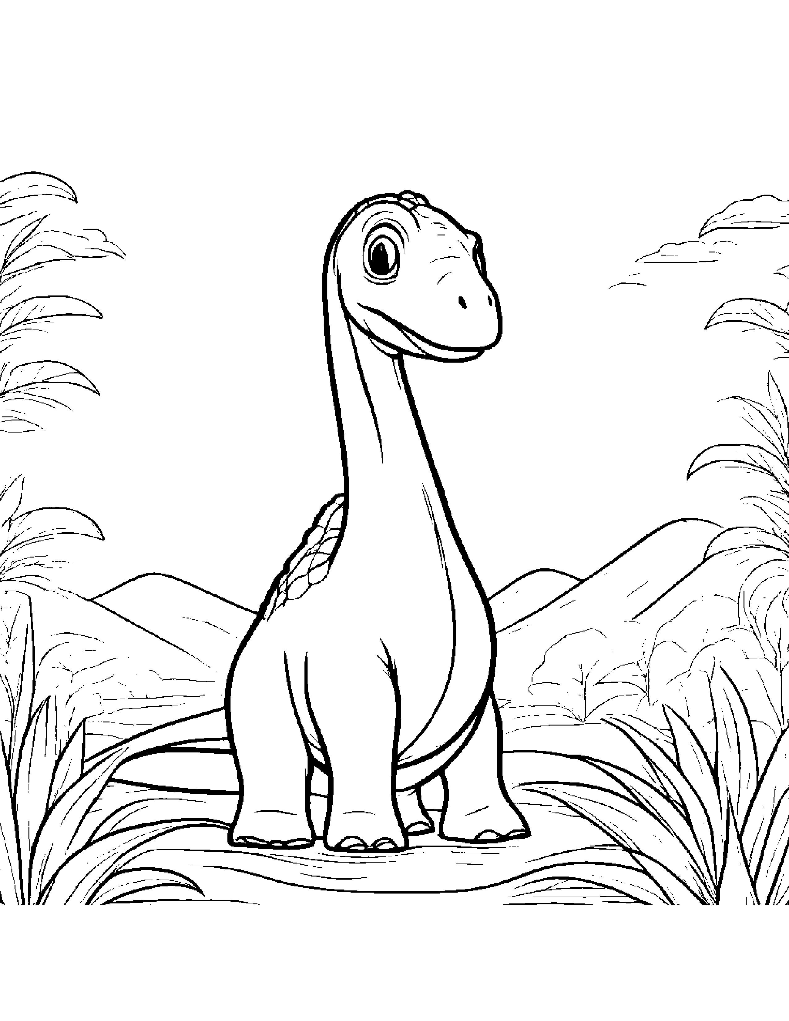 Baby Brachiosaurus With A Bow Coloring Page (Free Printable PDF)